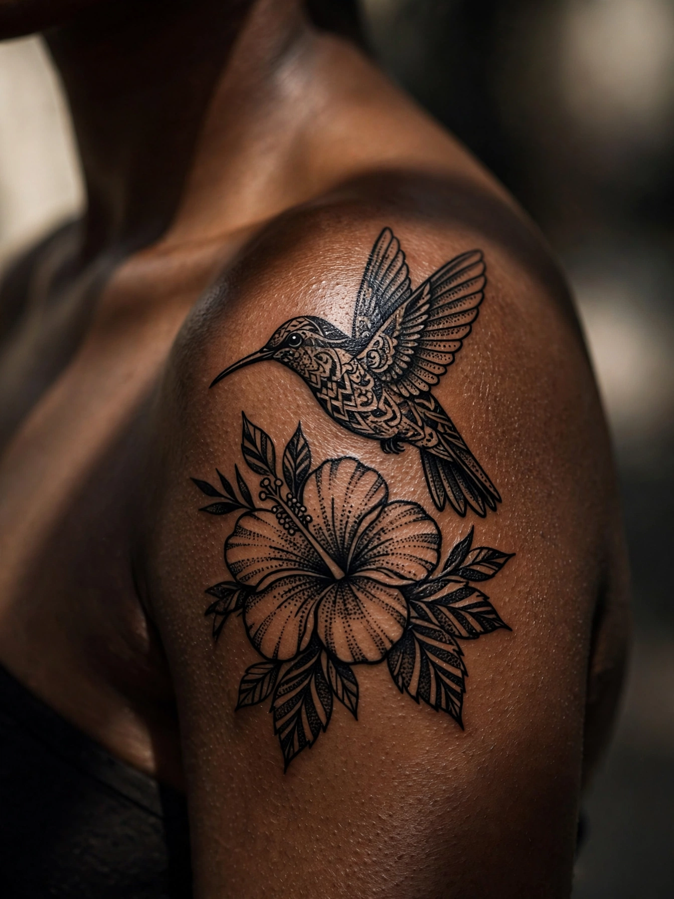 Hummingbird feeding from hibiscus flower tattoo in vivid color