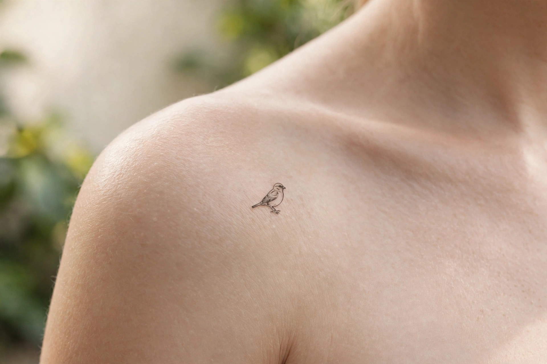 Minimalist tiny sparrow outline tattoo on a wrist
