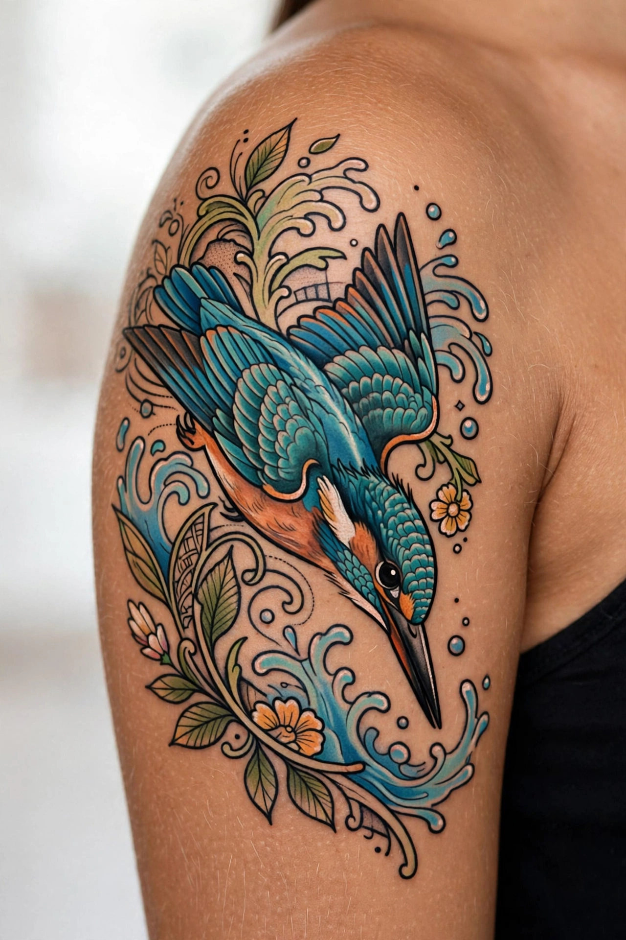 Kingfisher diving with splash tattoo in brilliant blues and oranges