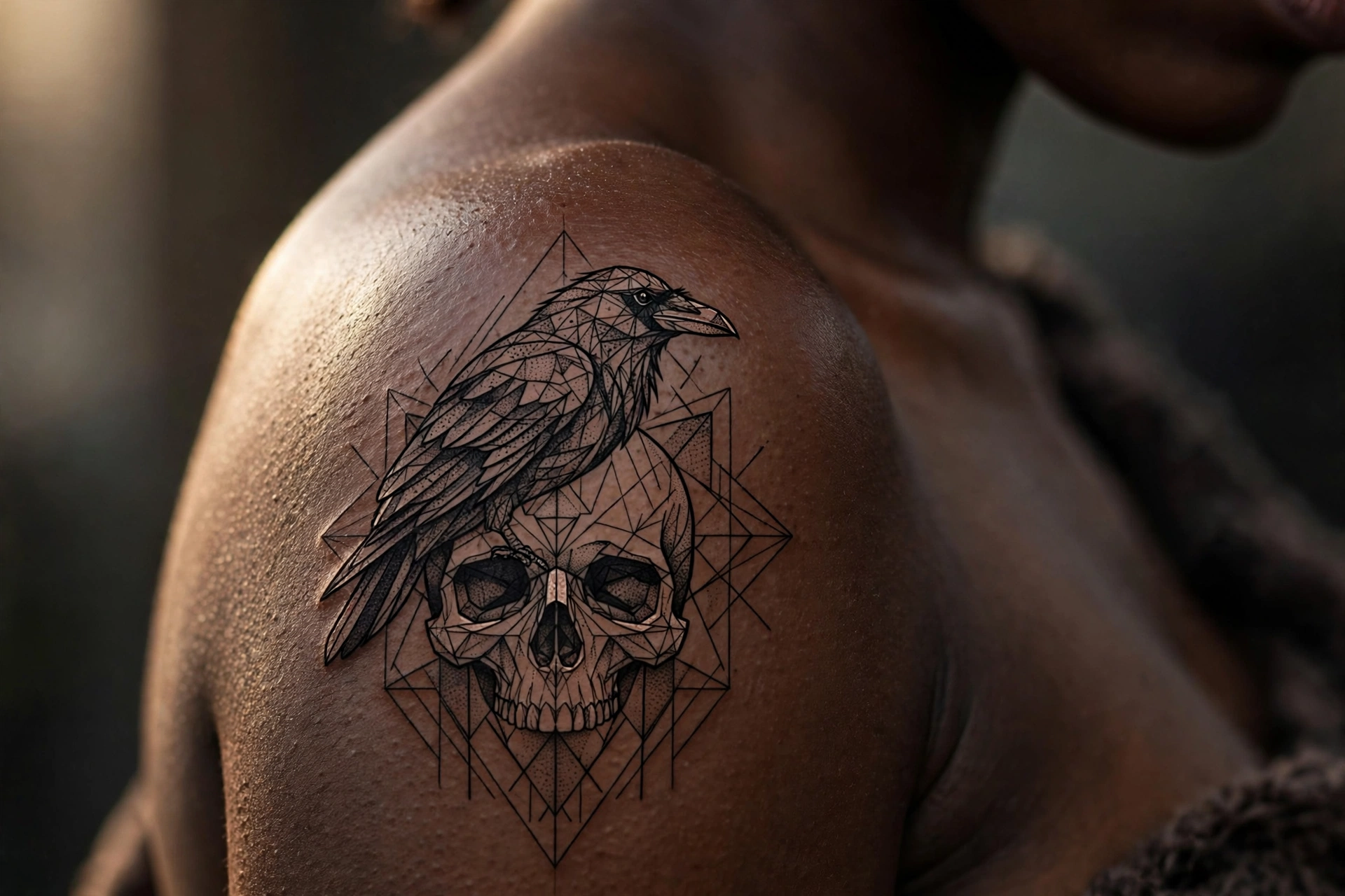 Raven perched on a decorative skull tattoo in blackwork