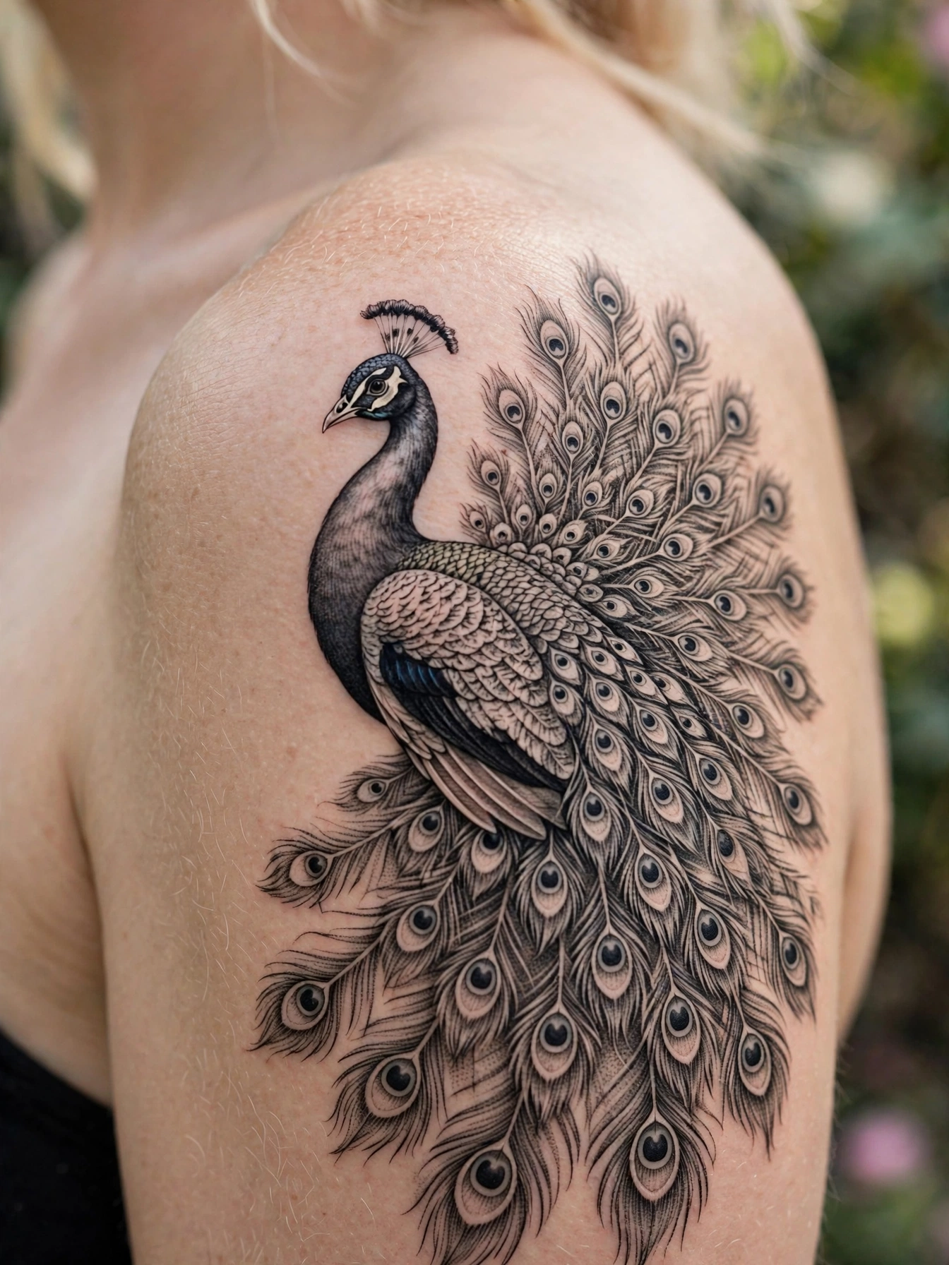 Peacock with fanned tail feathers tattoo in iridescent detail
