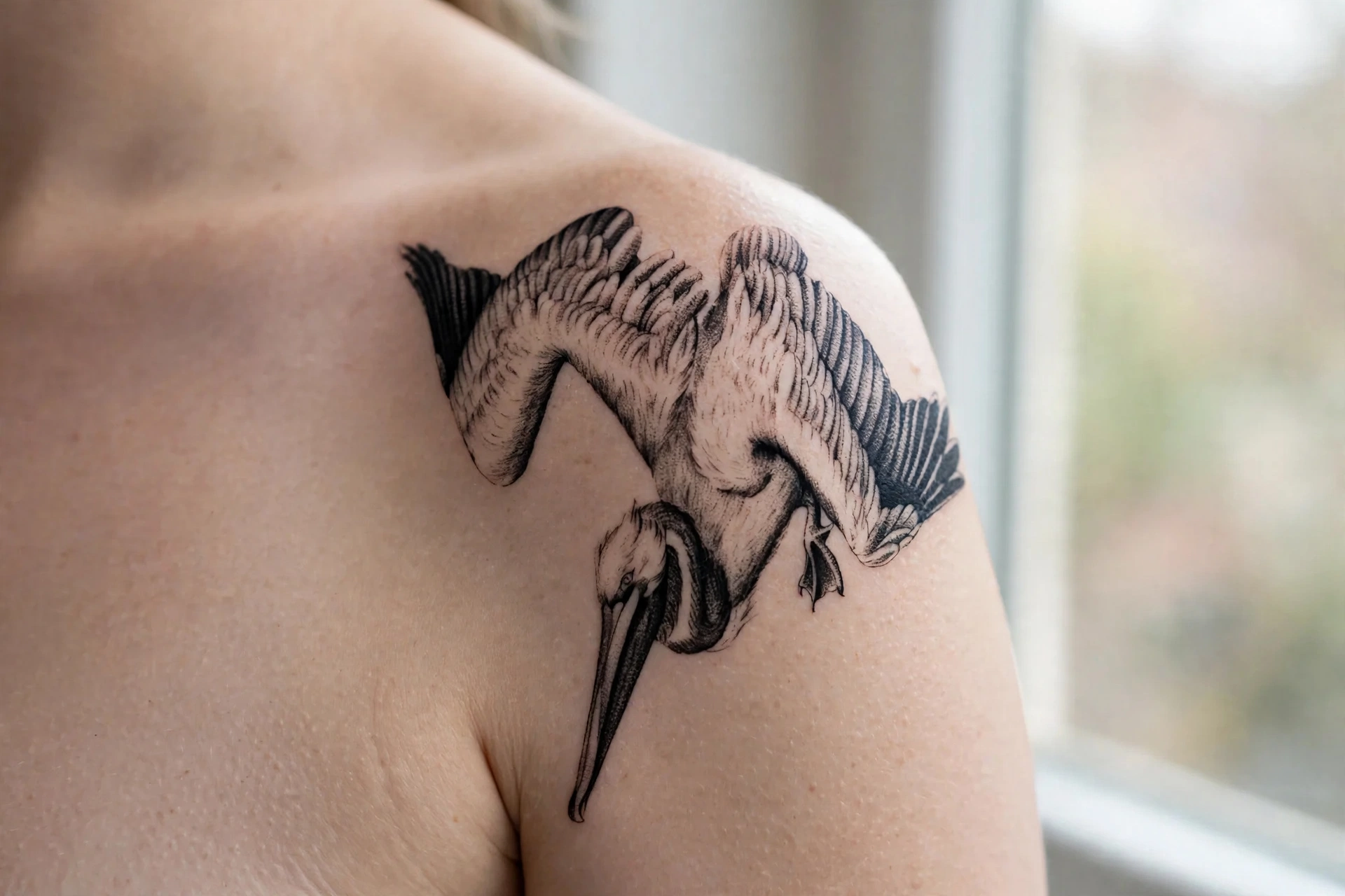 Brown pelican diving headfirst tattoo with dynamic splash