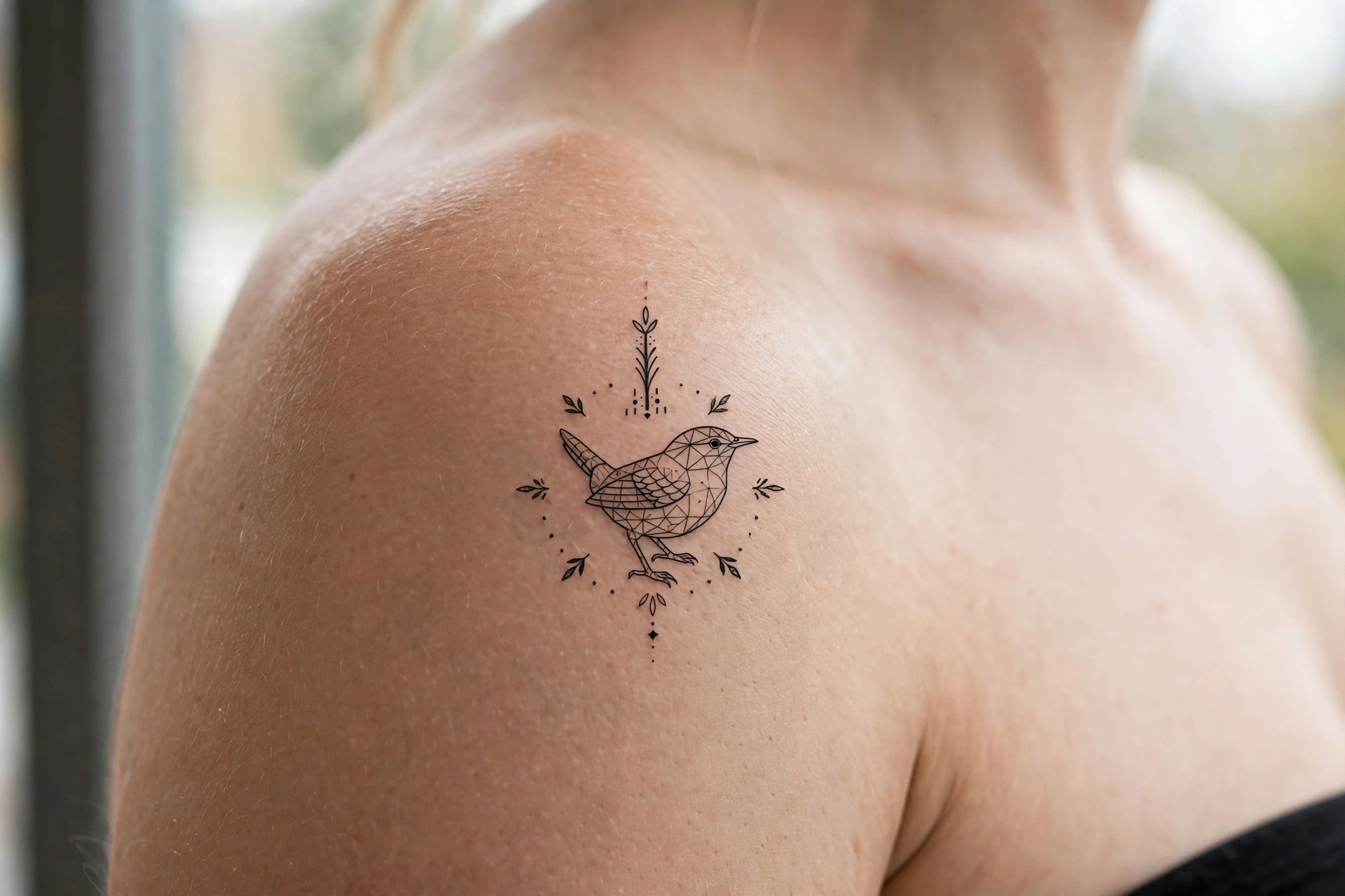 Tiny wren tattoo with intricate feather detail on a finger
