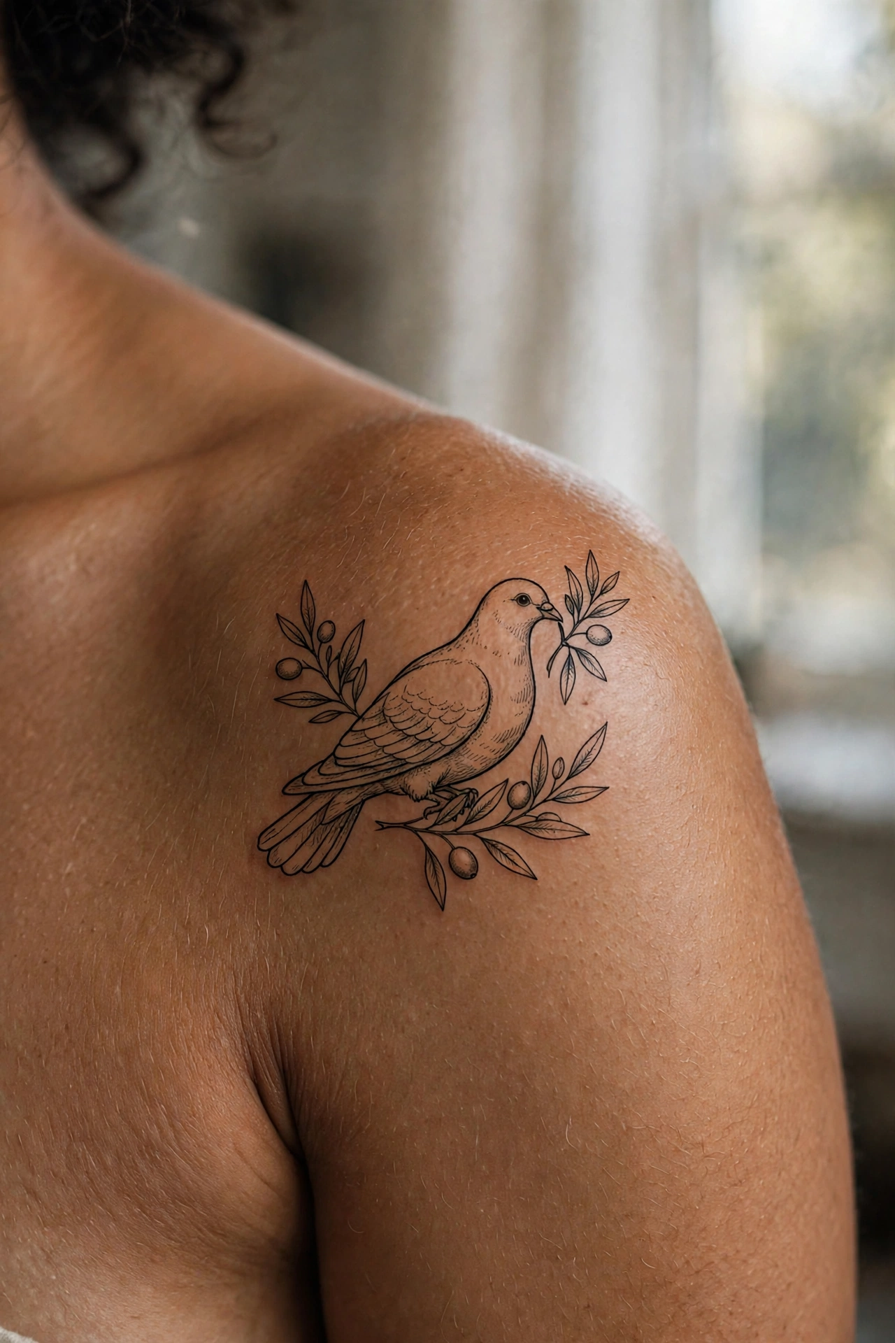 White dove carrying olive branch tattoo symbolizing peace