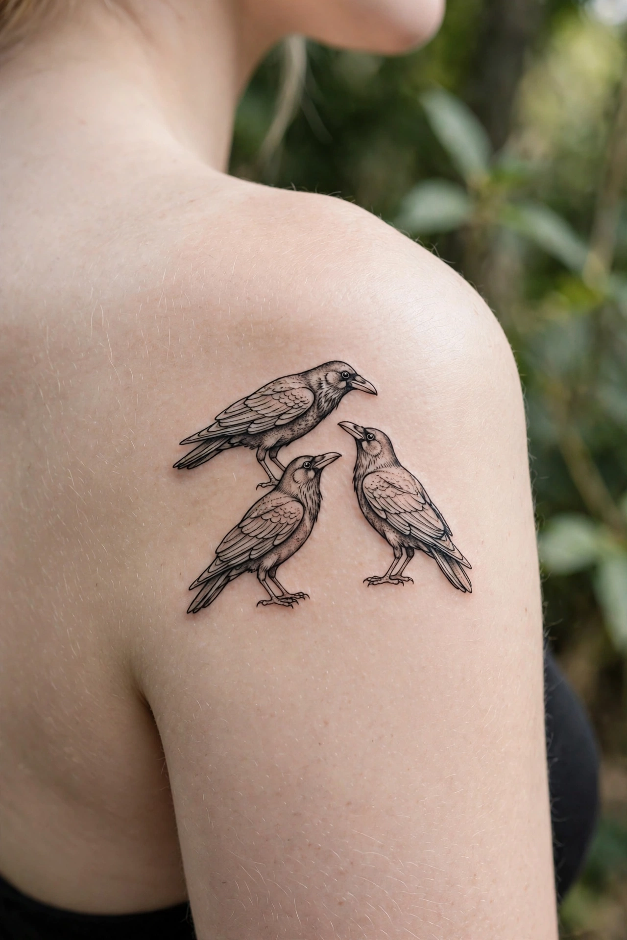 Three crows in flight tattoo in stark black silhouettes