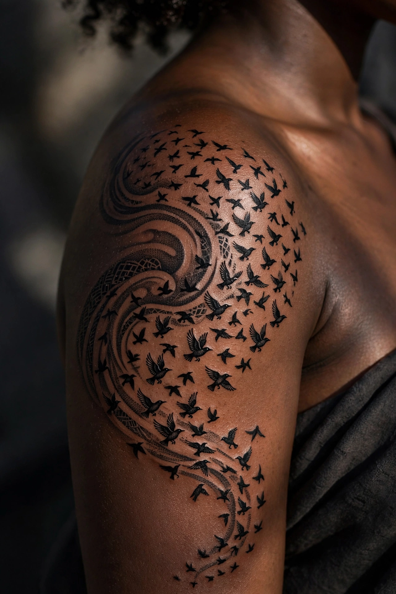 Flock of starlings forming a murmuration shape tattoo