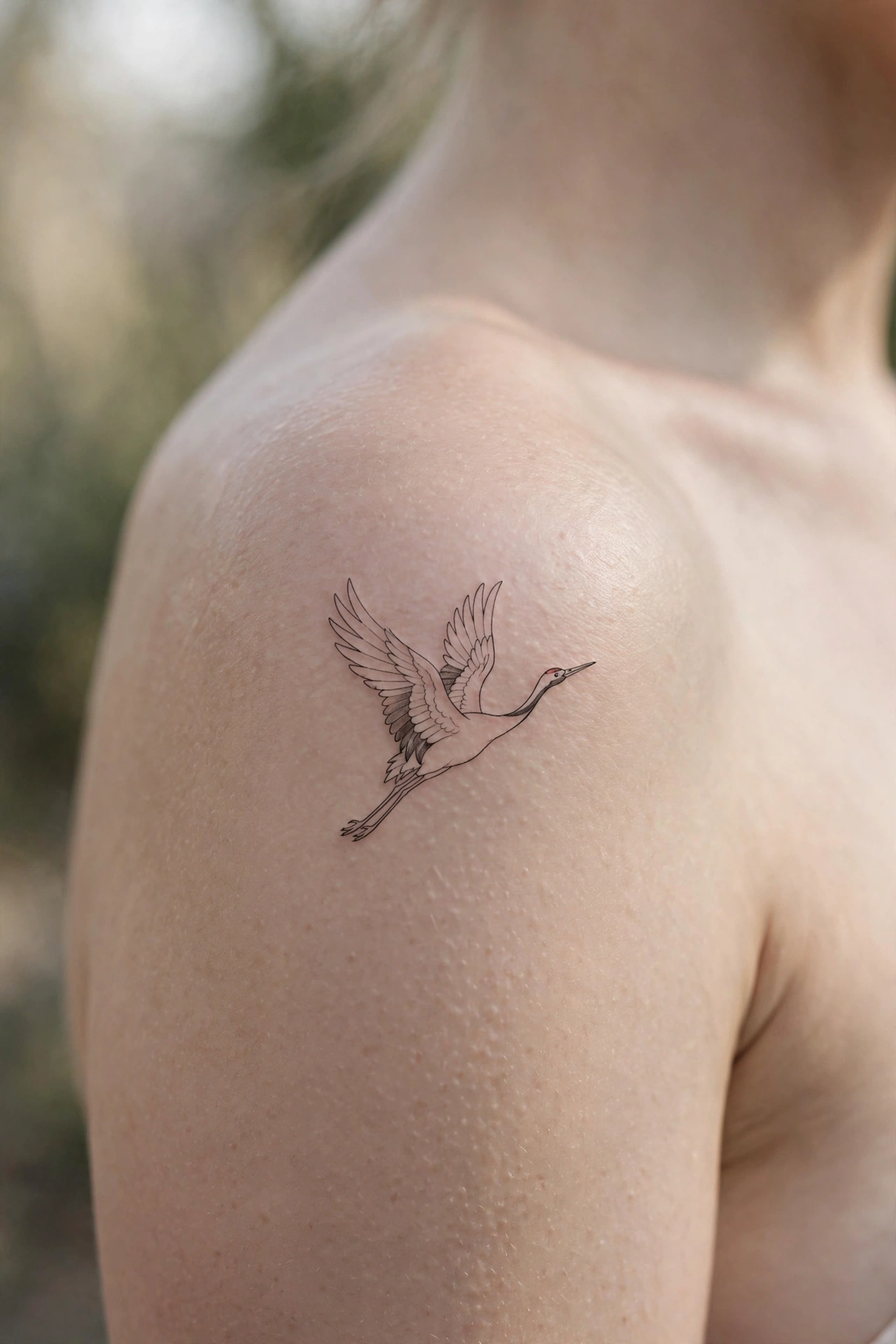 Japanese red-crowned crane flying tattoo with outstretched wings