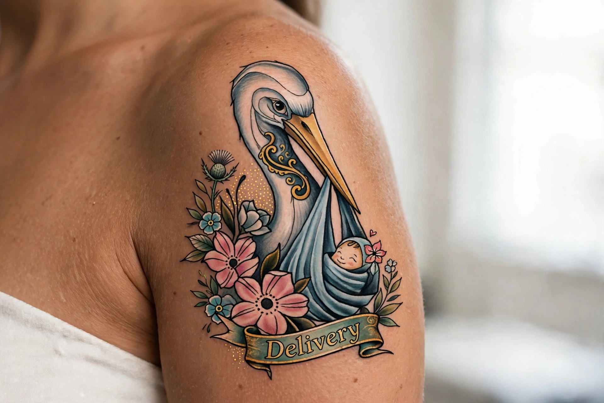 Stork carrying a bundle tattoo in vintage storybook style