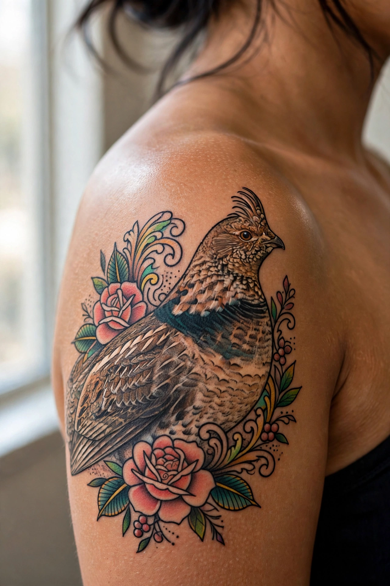 Sage grouse with puffed chest tattoo in mating display