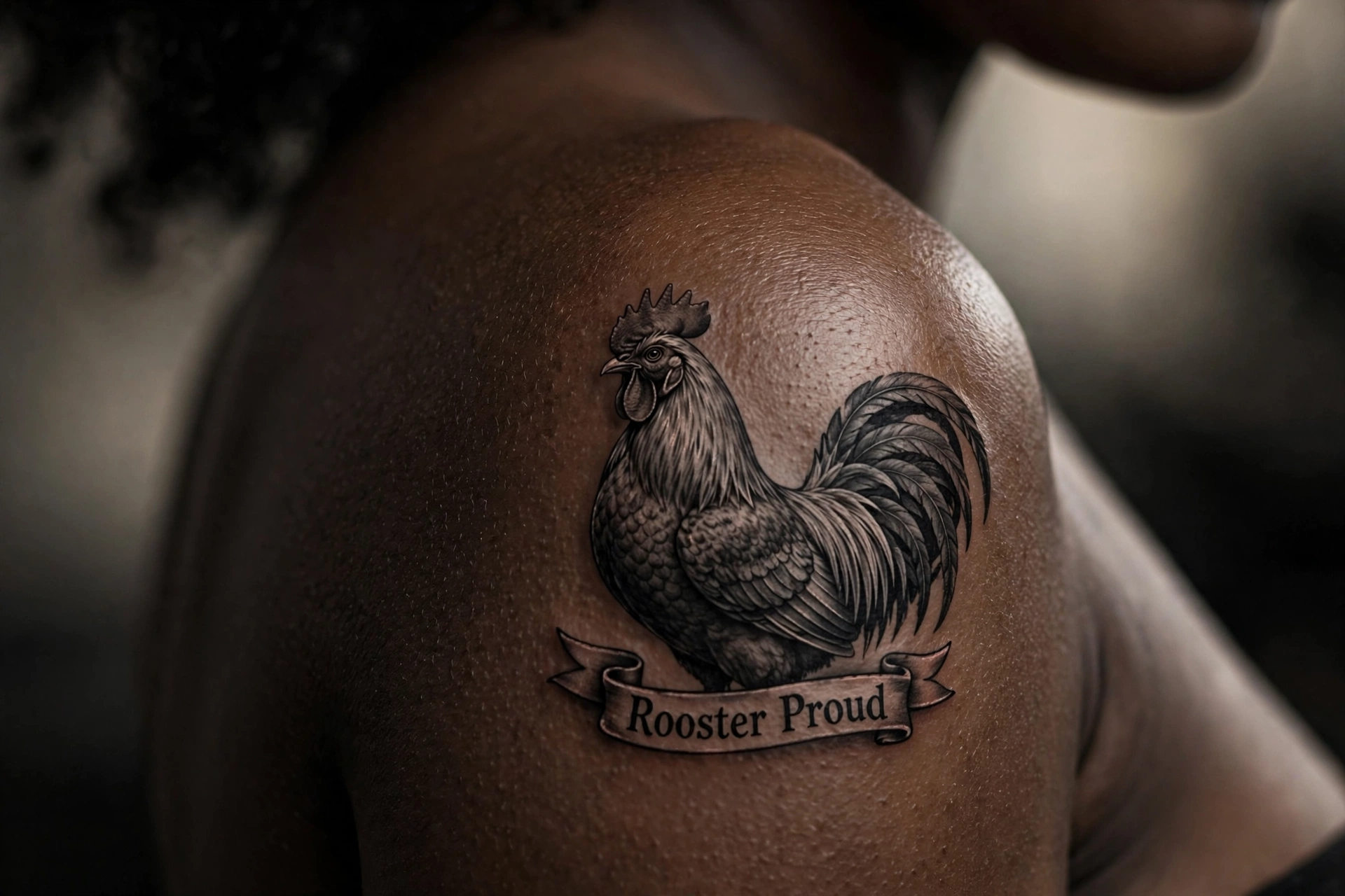 Proud rooster with iridescent tail tattoo in vibrant color