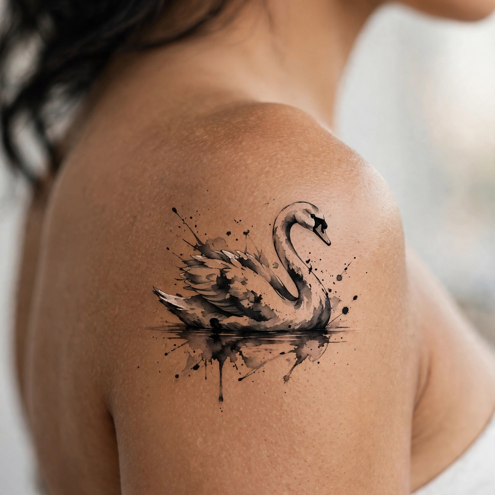 Black swan with red beak tattoo in elegant contrast