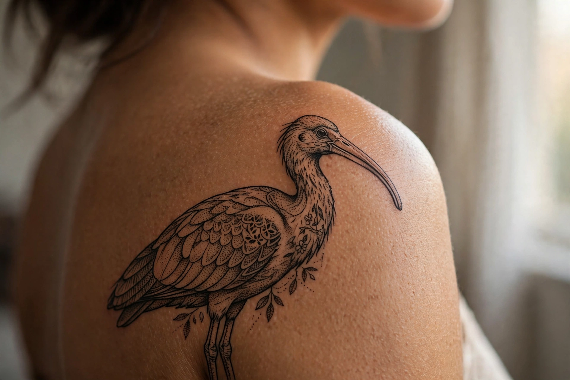 Sacred ibis with curved beak tattoo in Egyptian style