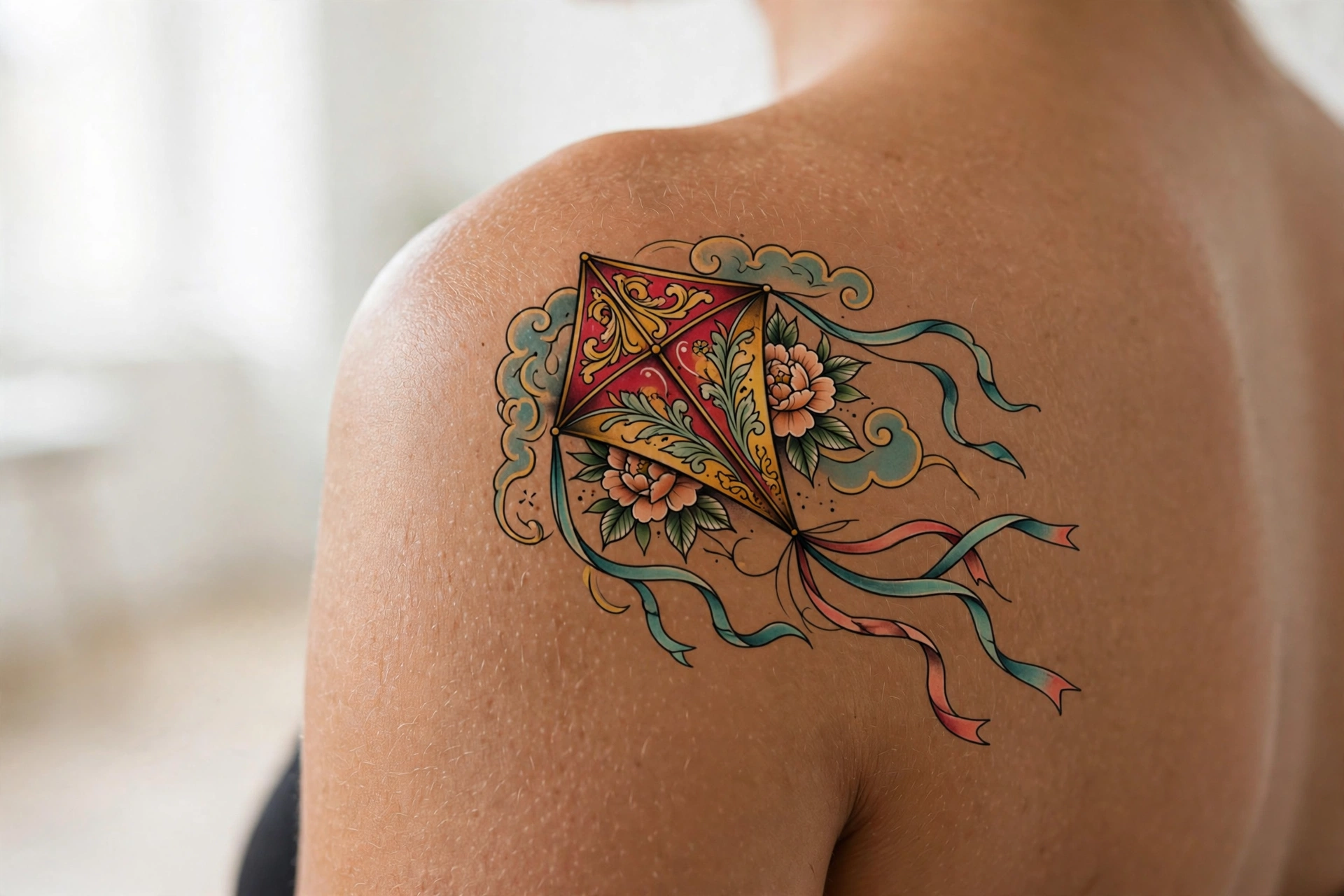 Black kite soaring on thermals tattoo with forked tail