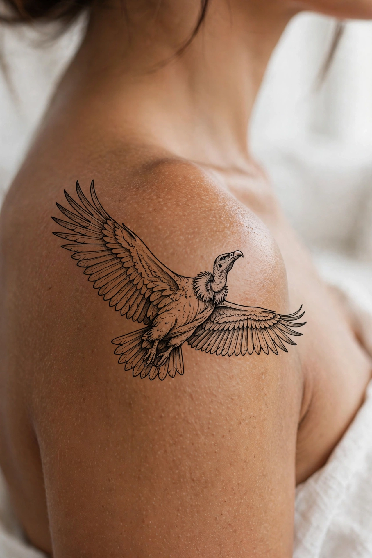 Turkey vulture riding thermals tattoo with spread wings