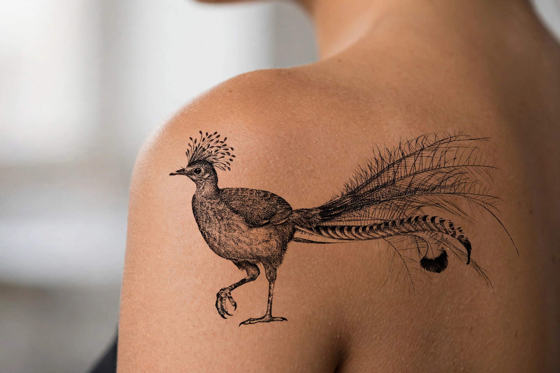 Superb lyrebird with elaborate tail feathers tattoo