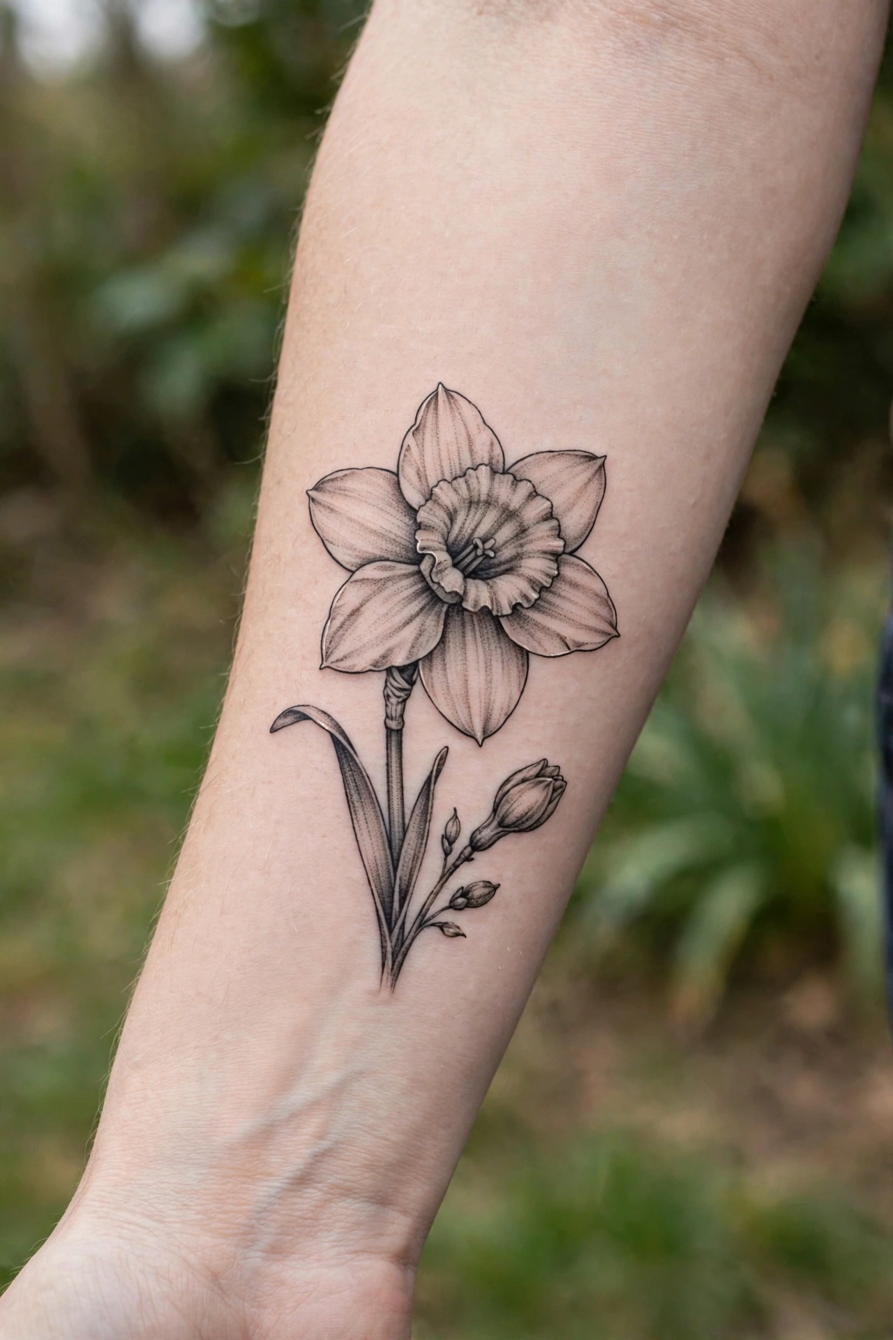 March birth flower daffodil tattoo on the shoulder