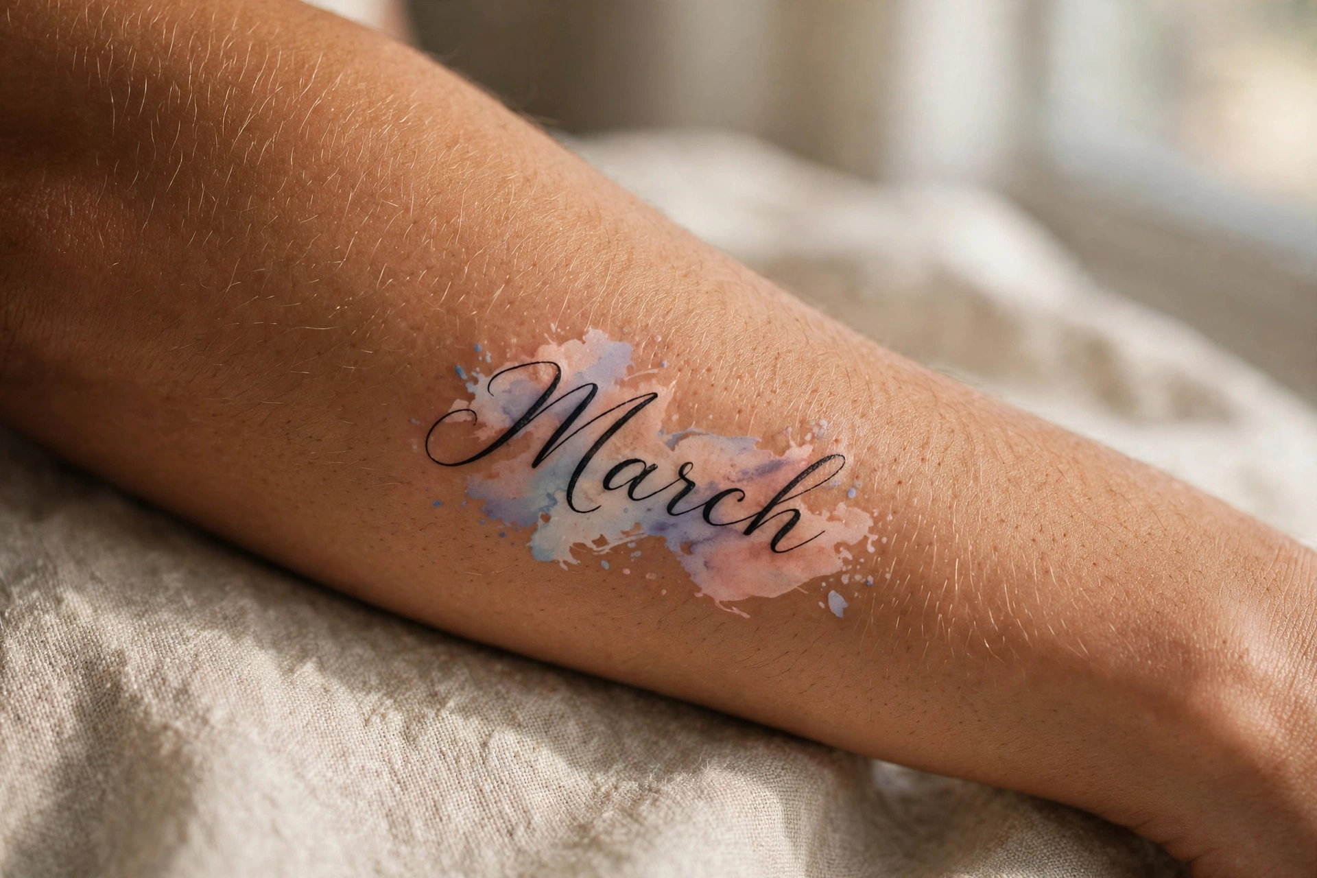 March written in delicate script tattoo