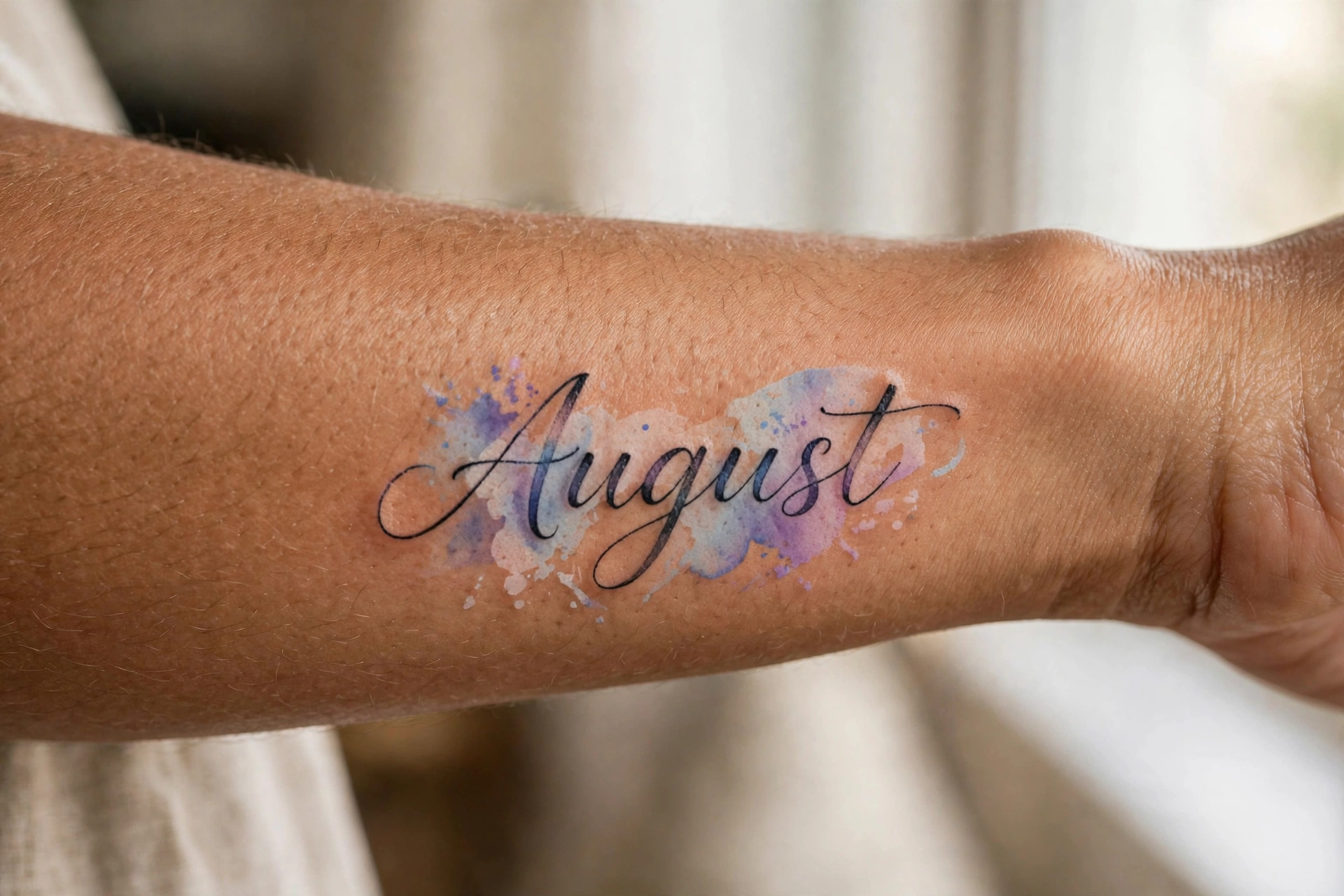August written in bold lettering tattoo