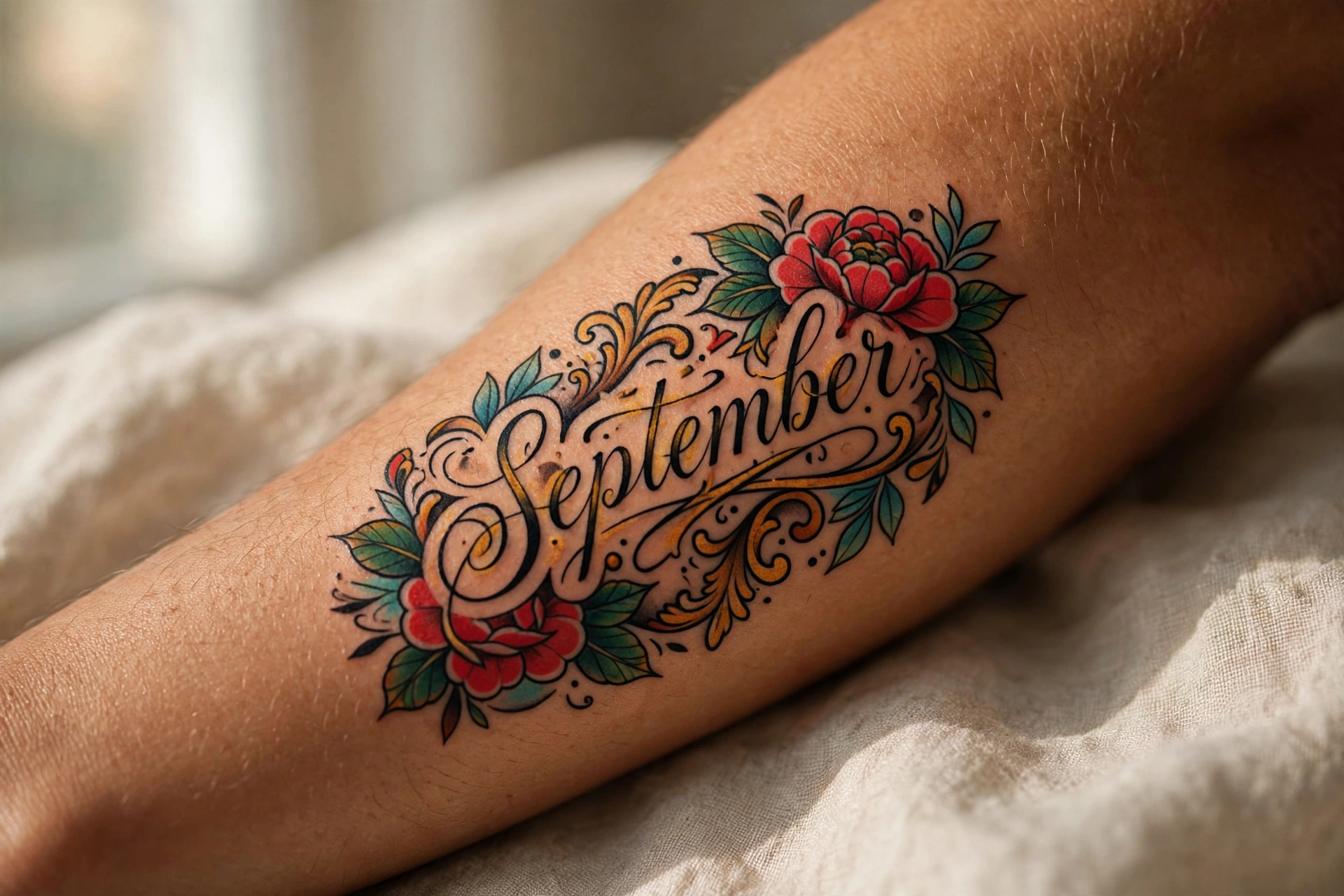 September written in refined script tattoo
