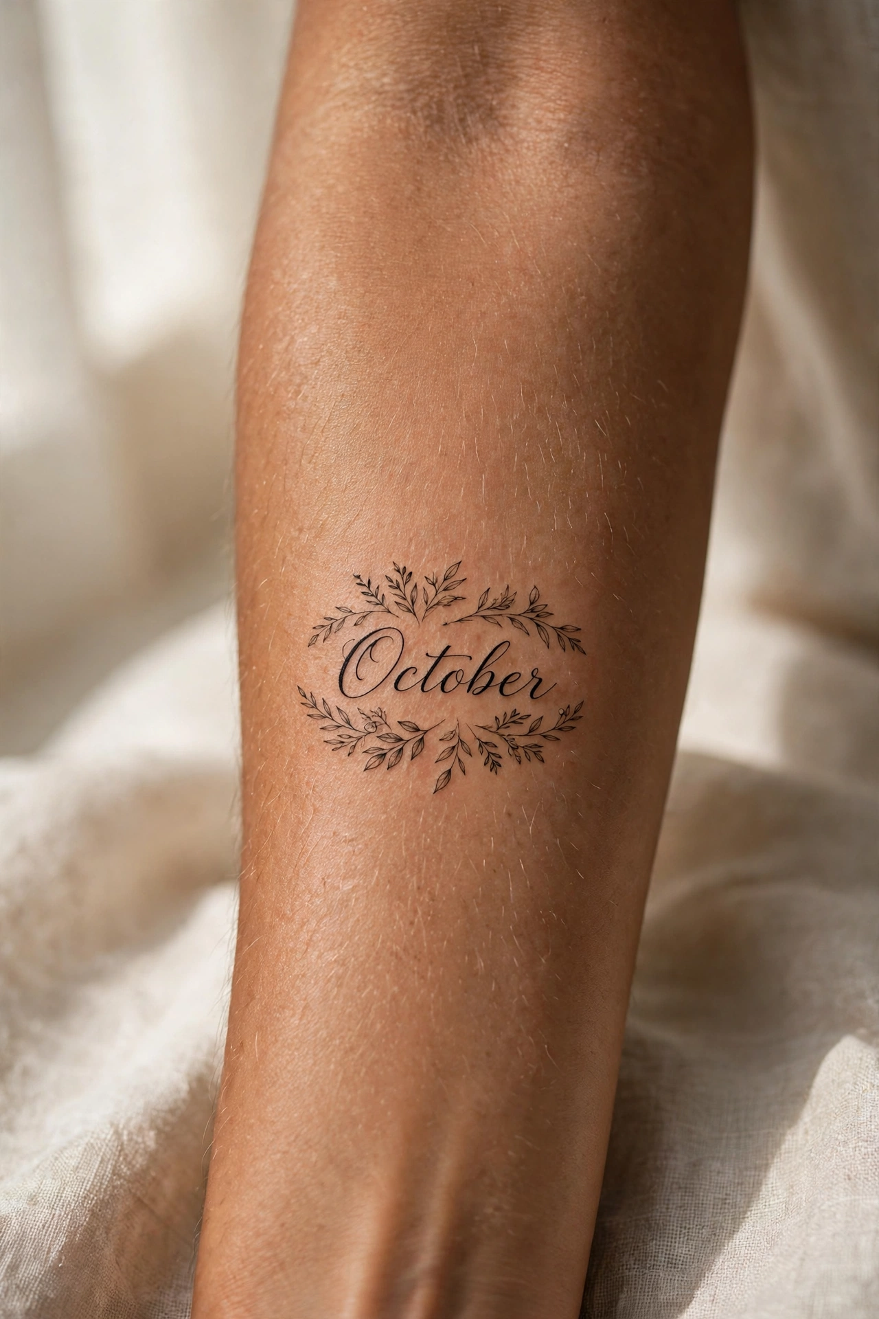 October written in cozy script tattoo