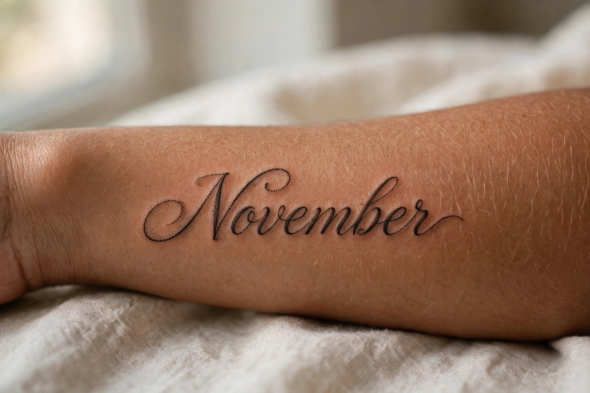 November written in warm script tattoo