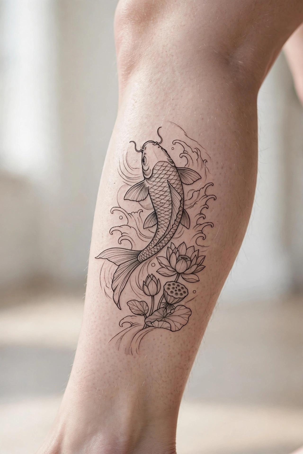 Japanese koi fish and lotus calf tattoo