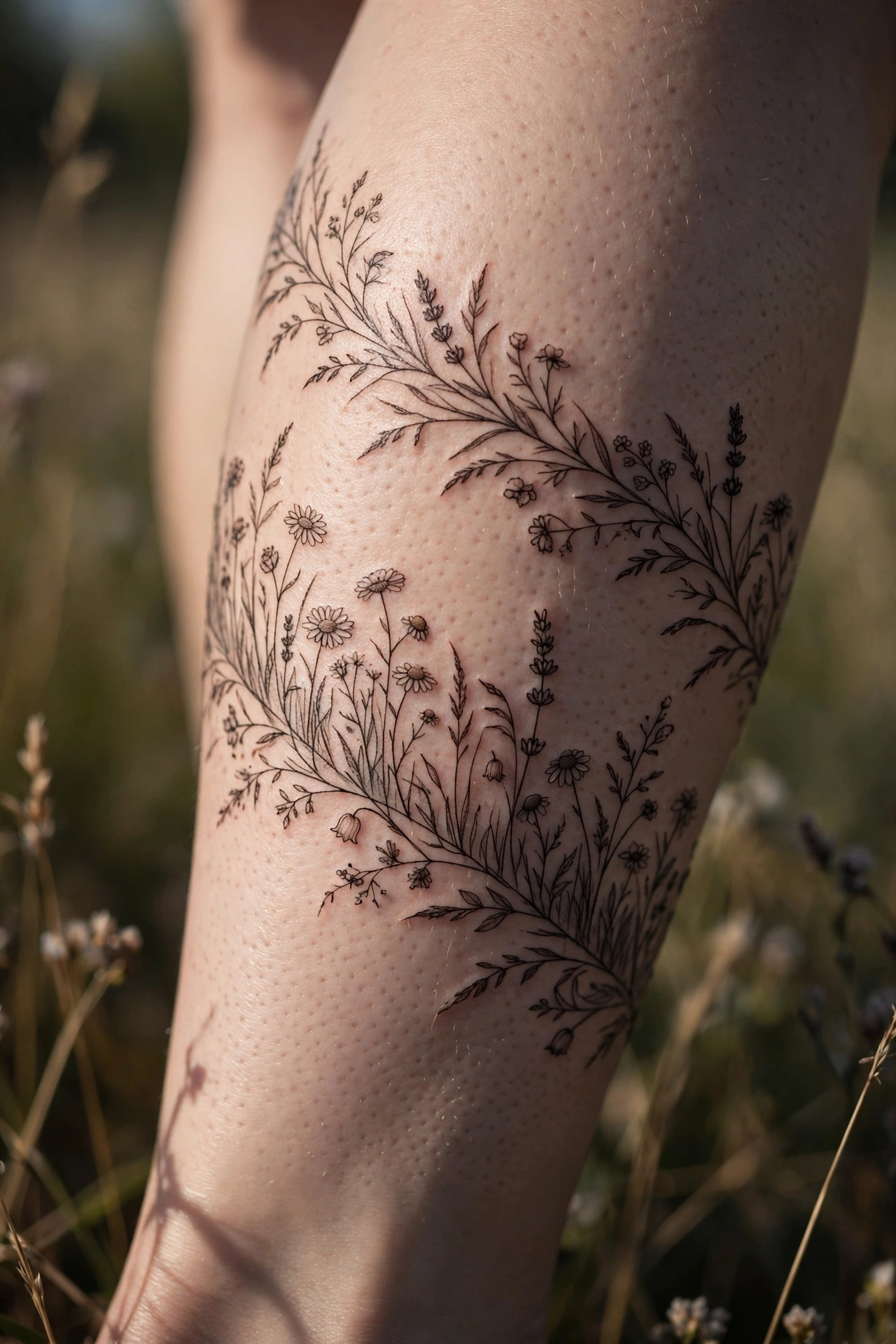 Wildflower meadow tattoo wrapping around a calf