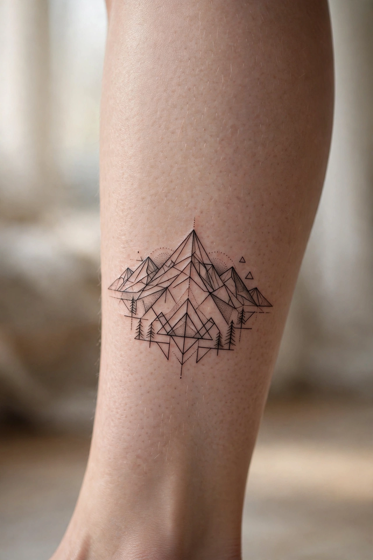 Geometric mountain landscape tattoo on a calf
