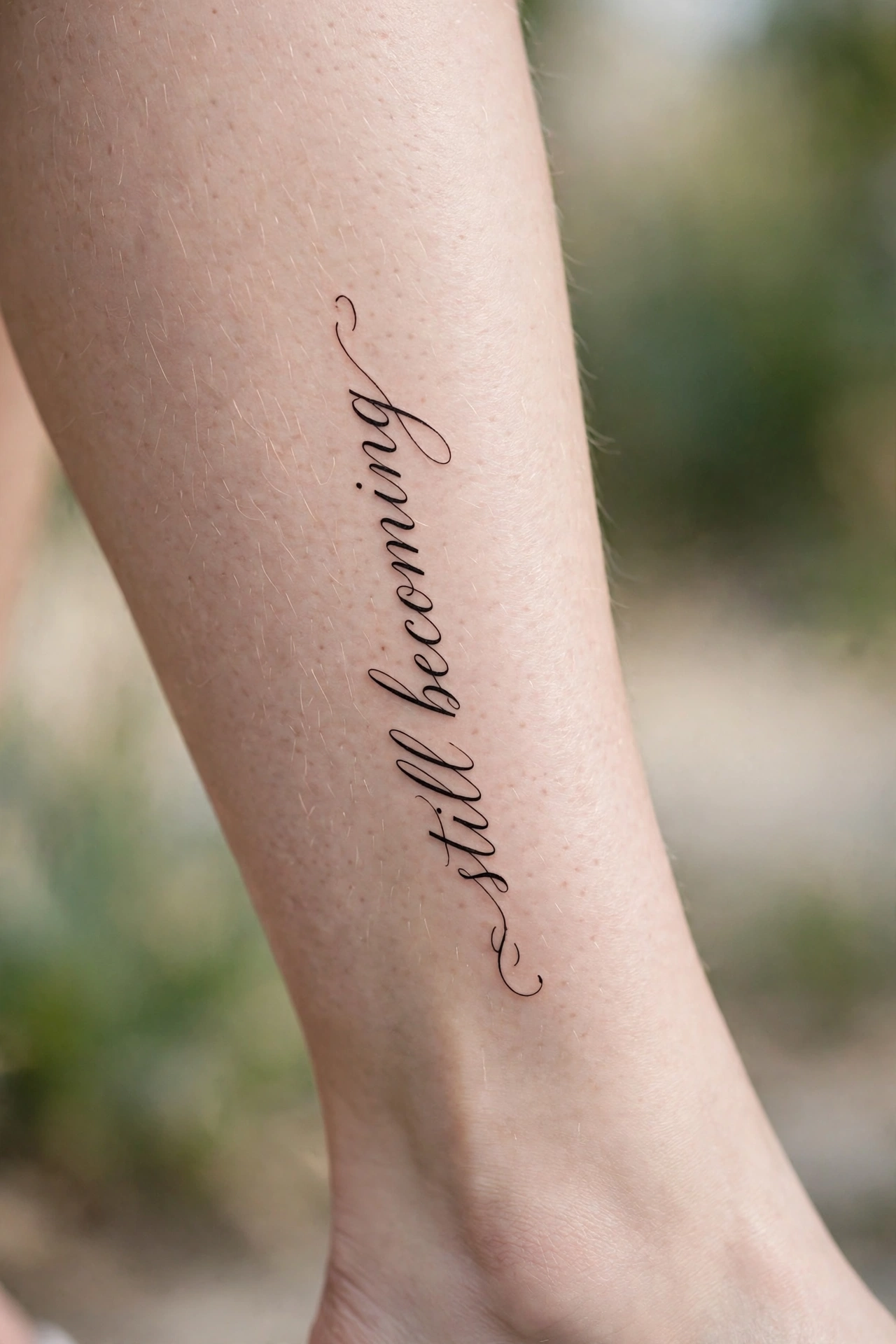 Elegant script quote tattoo running down a calf