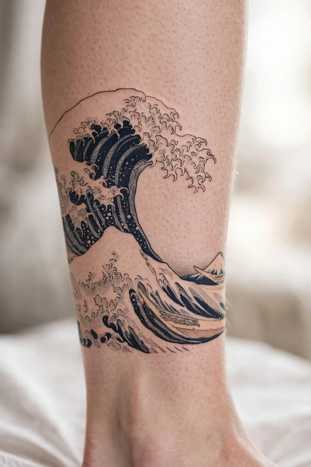 Hokusai great wave tattoo on a calf