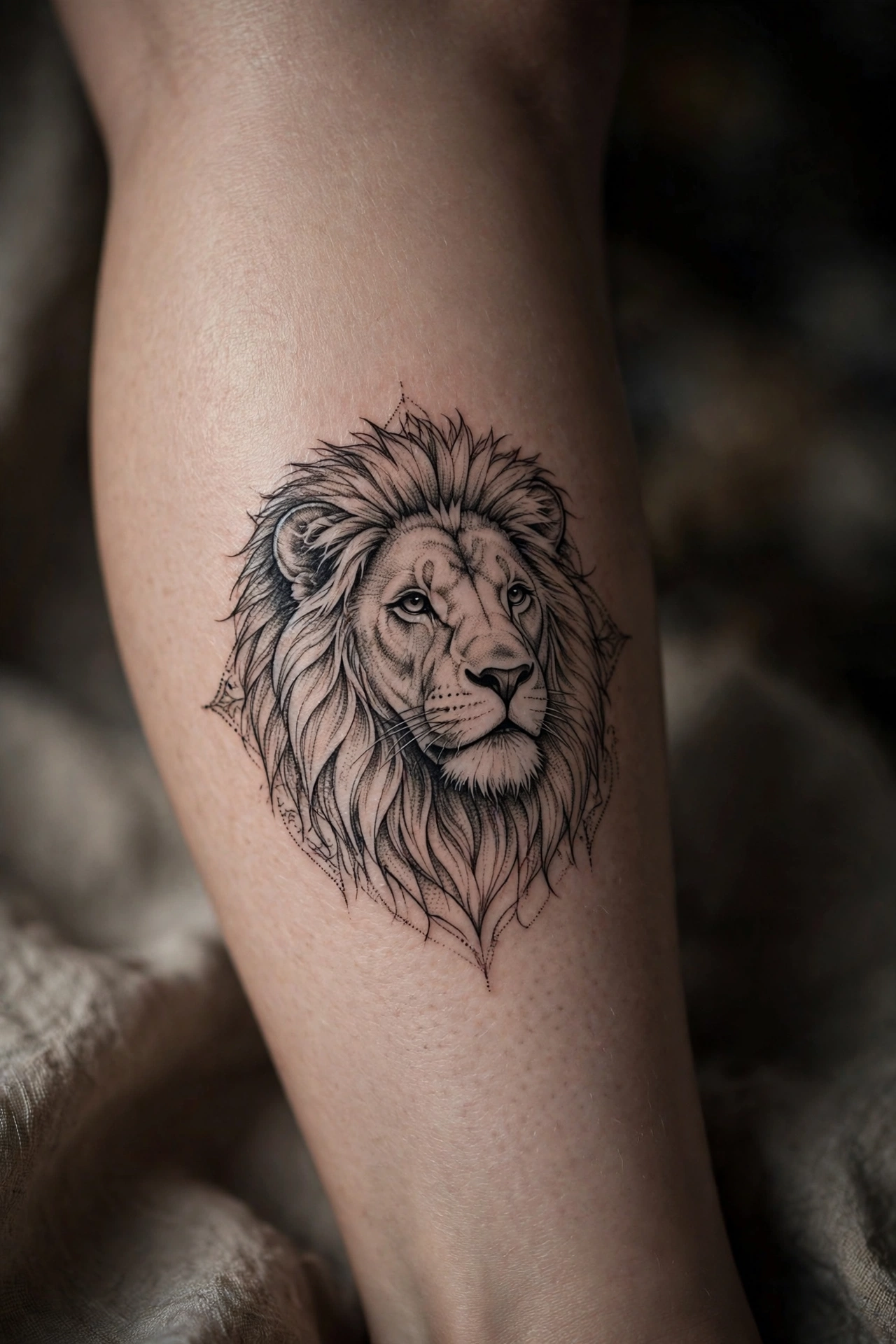 Black and grey lion portrait calf tattoo