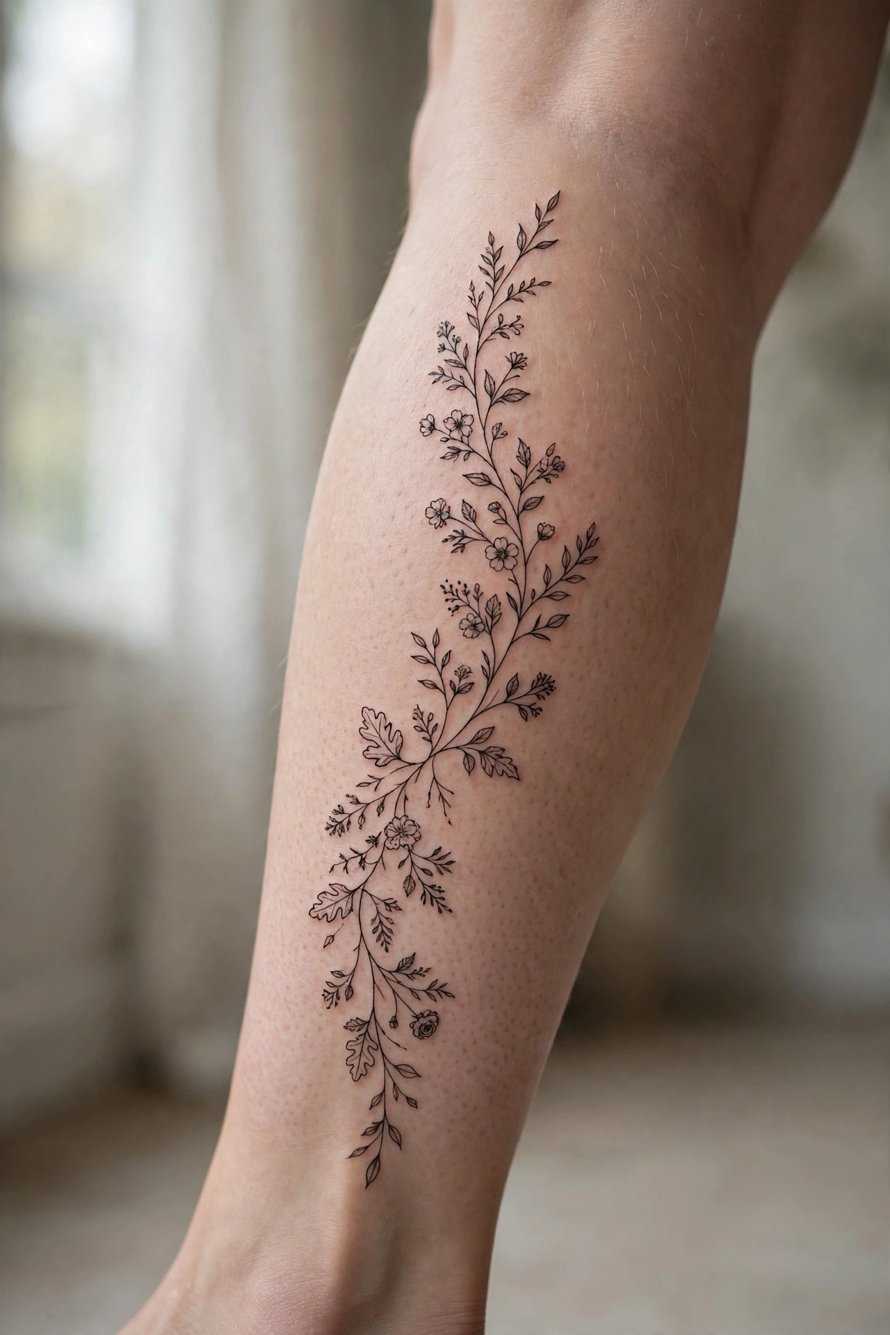 Long floral vine tattoo running down a calf