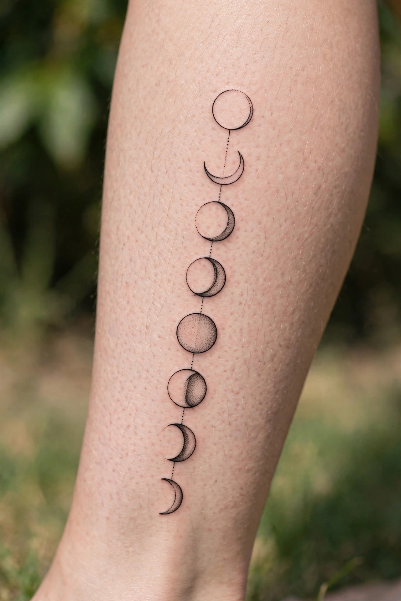 Moon phase column tattoo on a calf