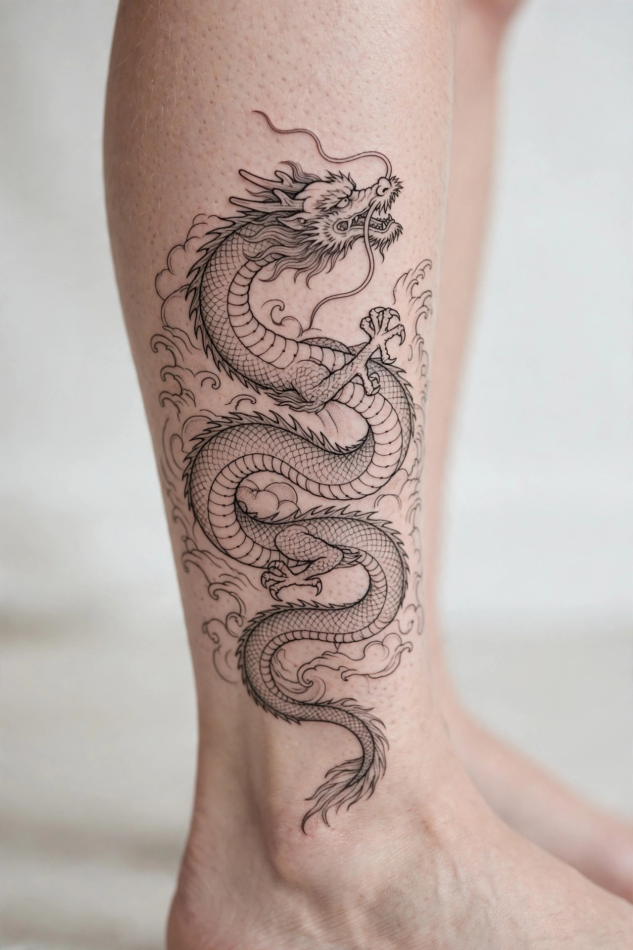 Eastern dragon coiling around a calf tattoo