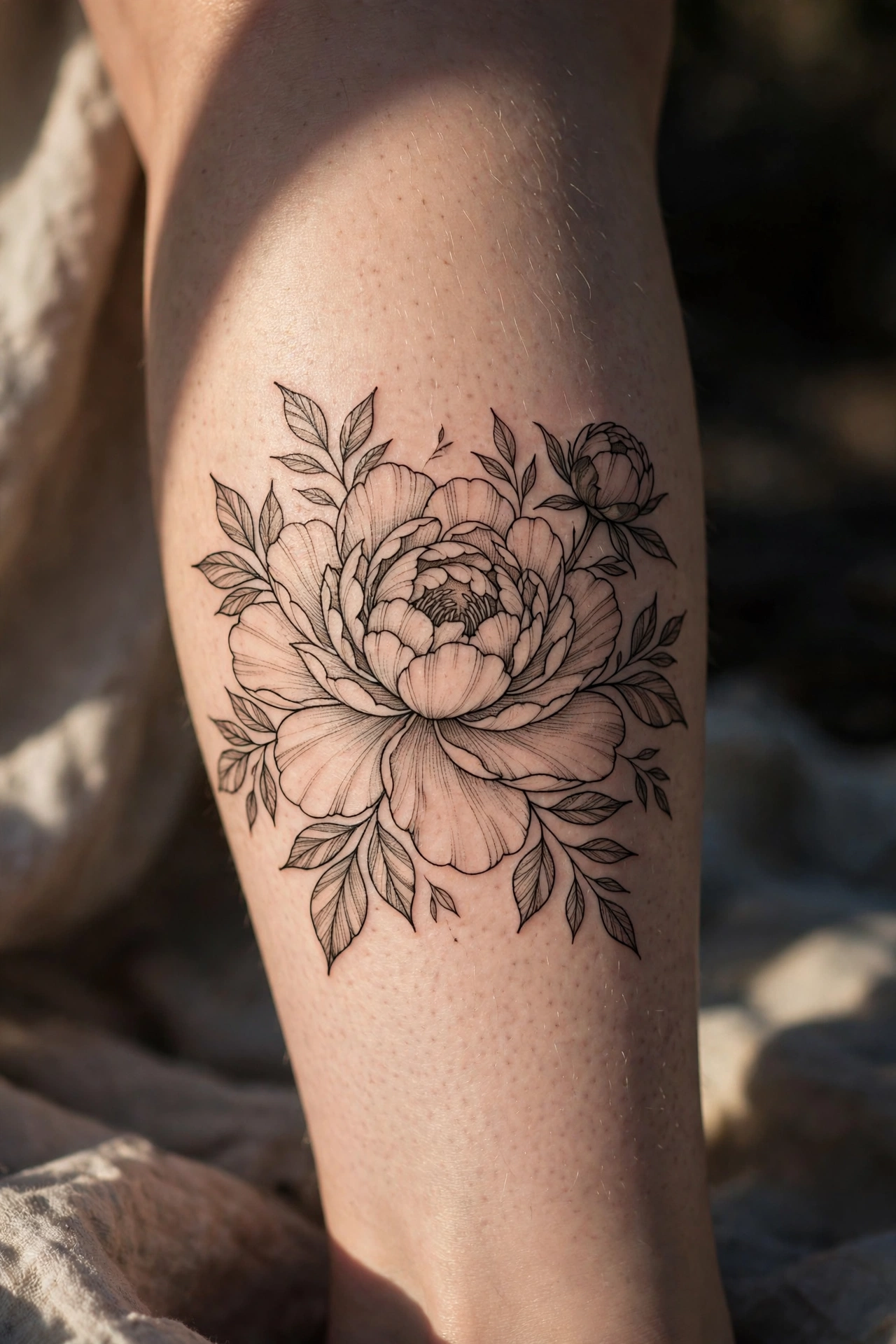 Large peony flower tattoo on a calf