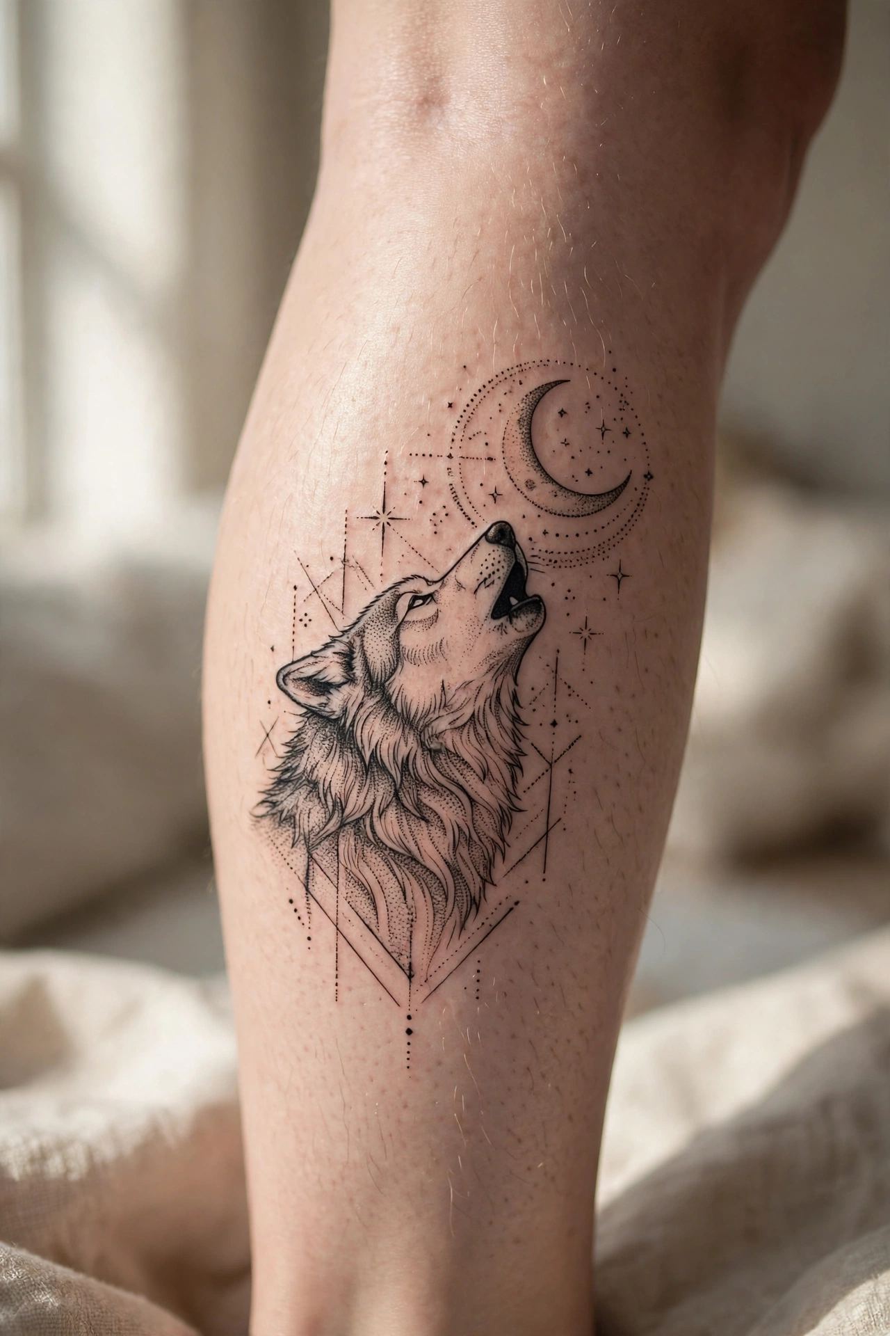 Wolf howling at moon calf tattoo in dotwork