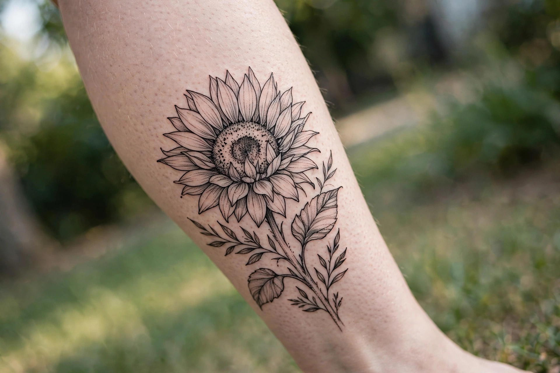 Large sunflower tattoo on a calf