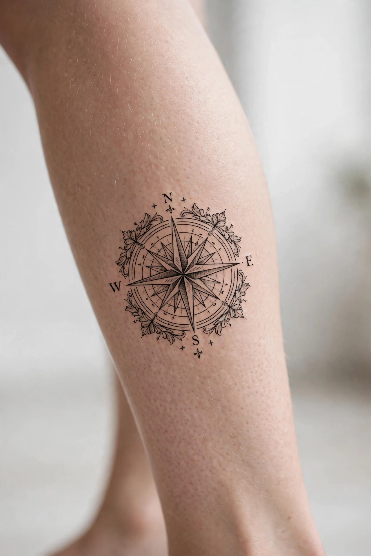 Vintage compass rose tattoo on a calf