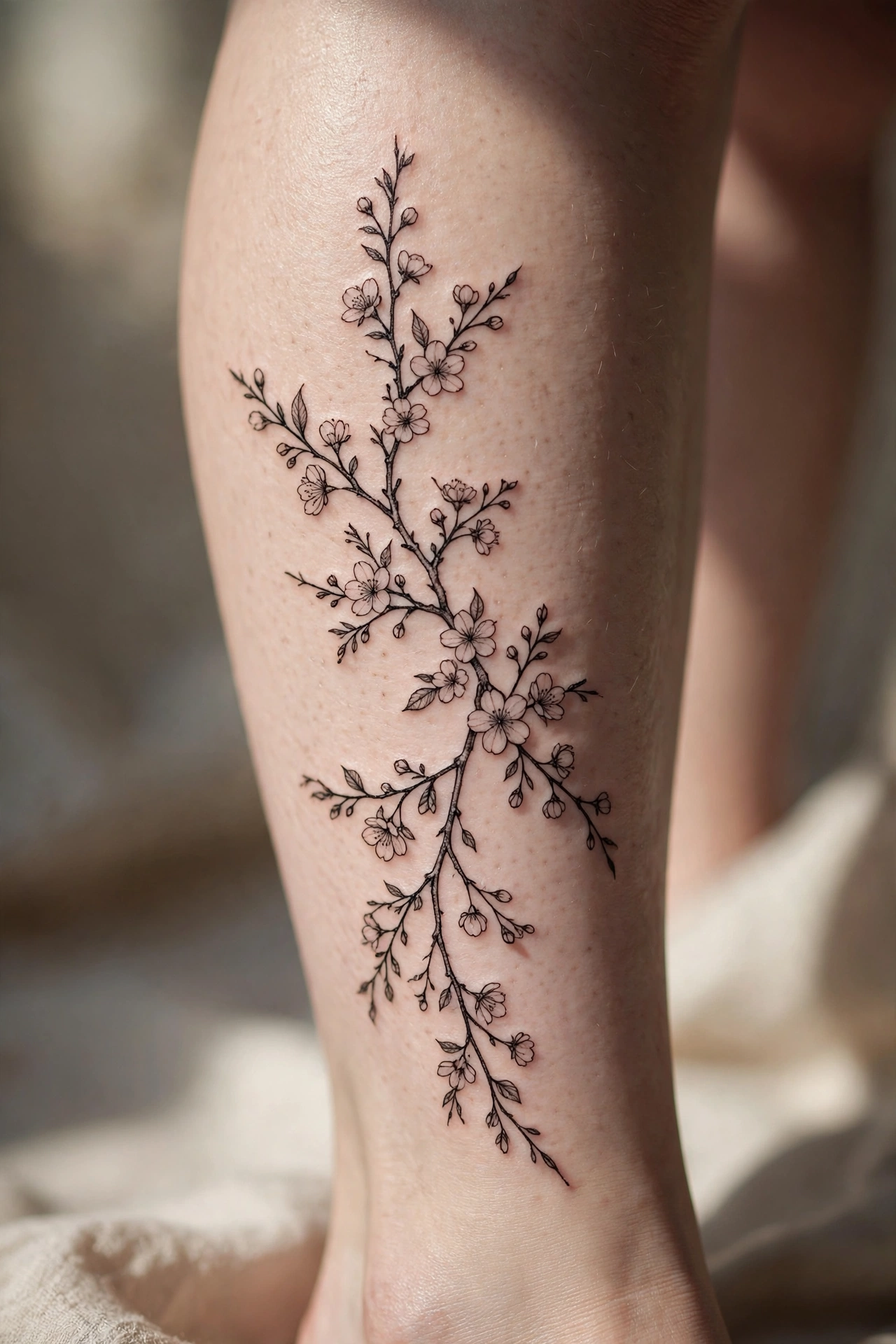 Cherry blossom branch tattoo flowing down a calf