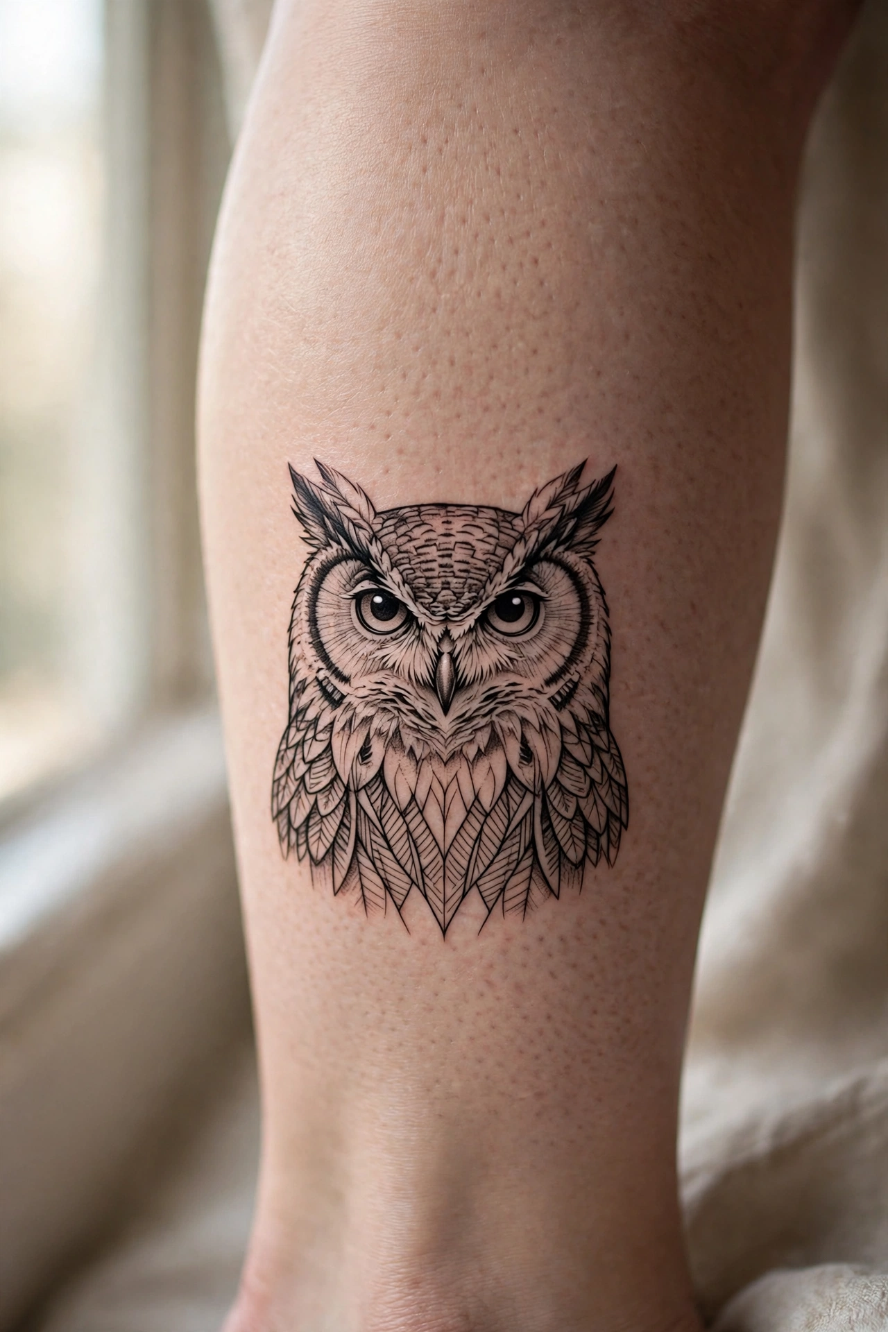 Detailed owl portrait tattoo on a calf