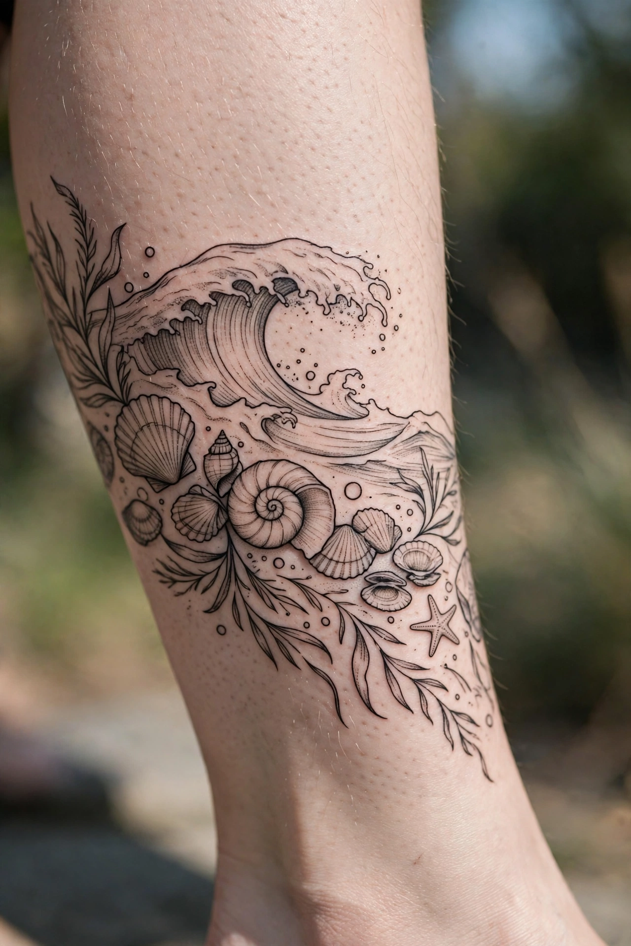 Ocean wave and seashell scene tattoo wrapping a calf