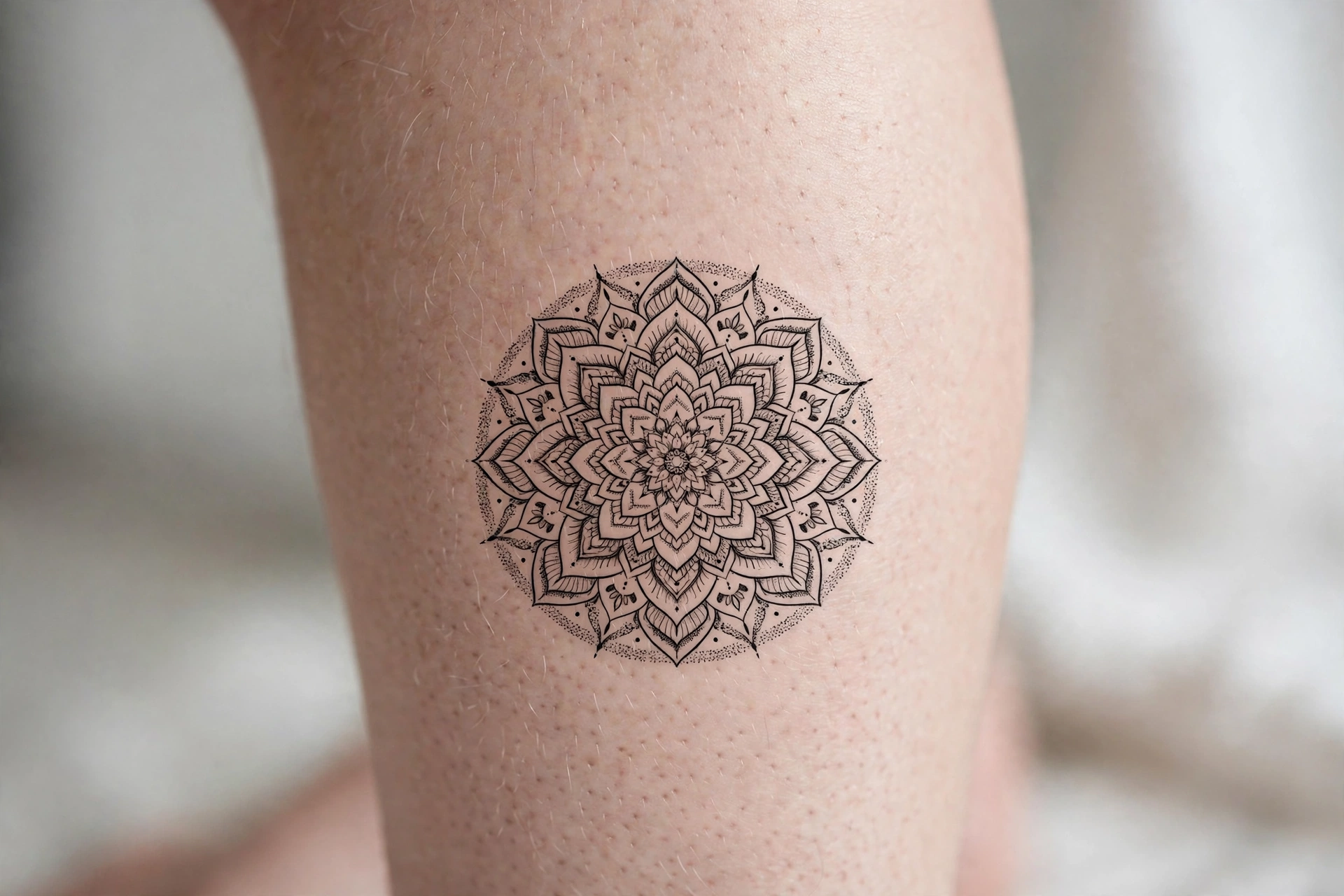 Circular mandala medallion tattoo on a calf