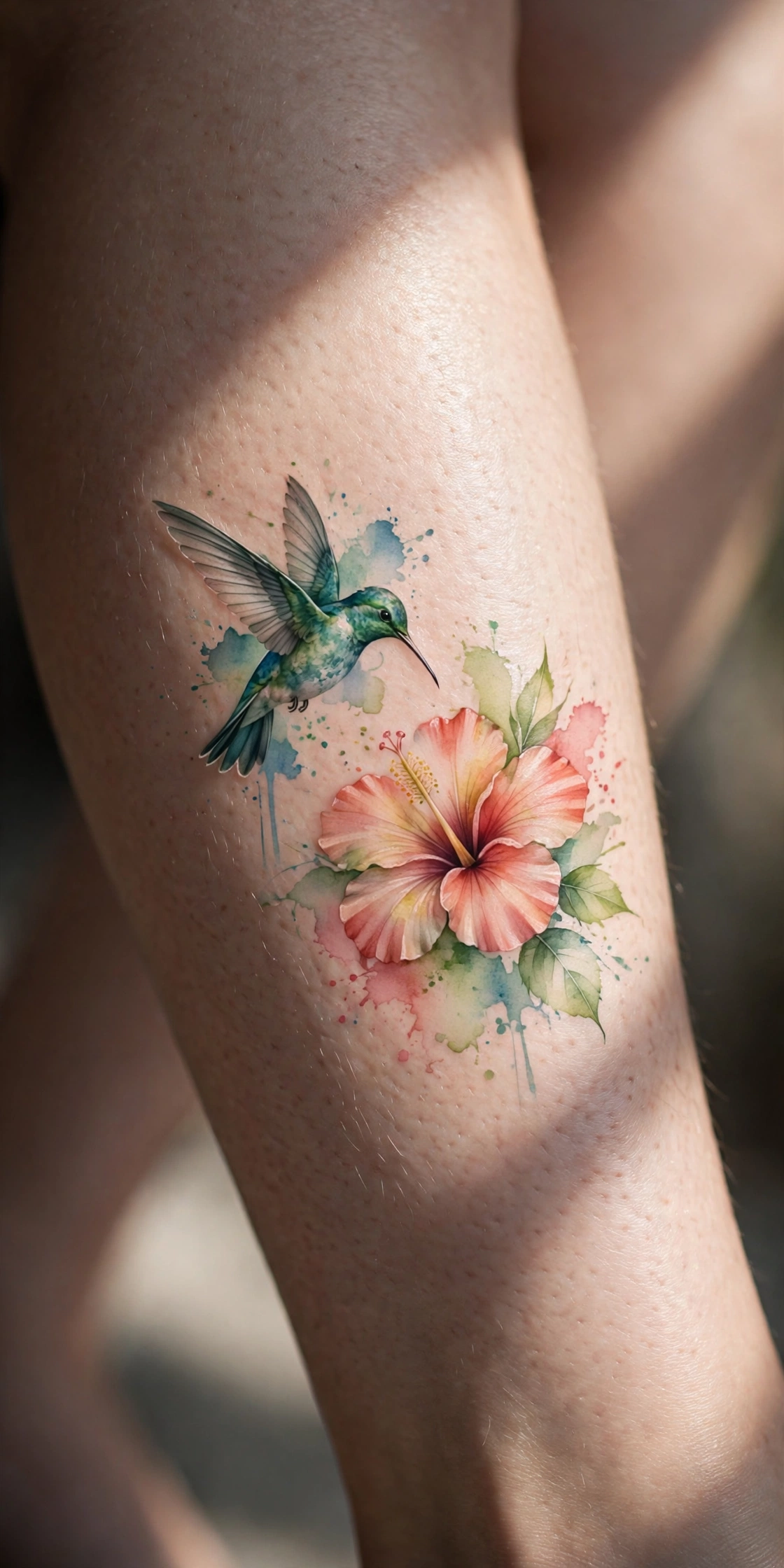 Hummingbird hovering over hibiscus flower calf tattoo