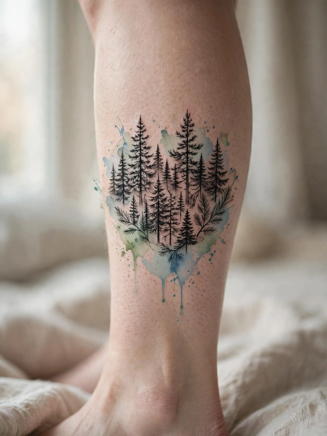 Blackwork pine forest tattoo on a calf