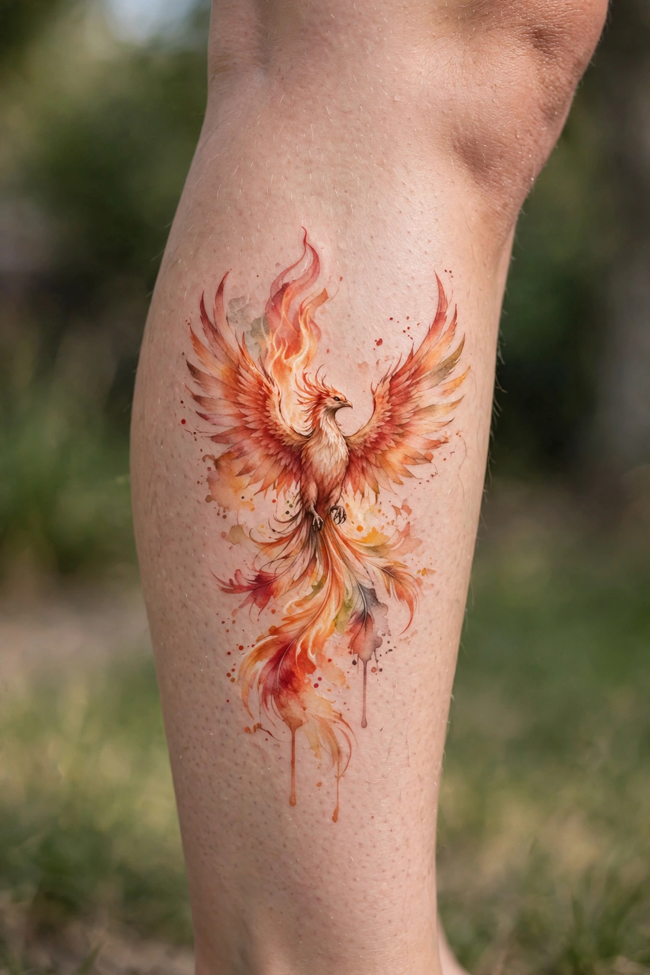 Phoenix rising with flames calf tattoo