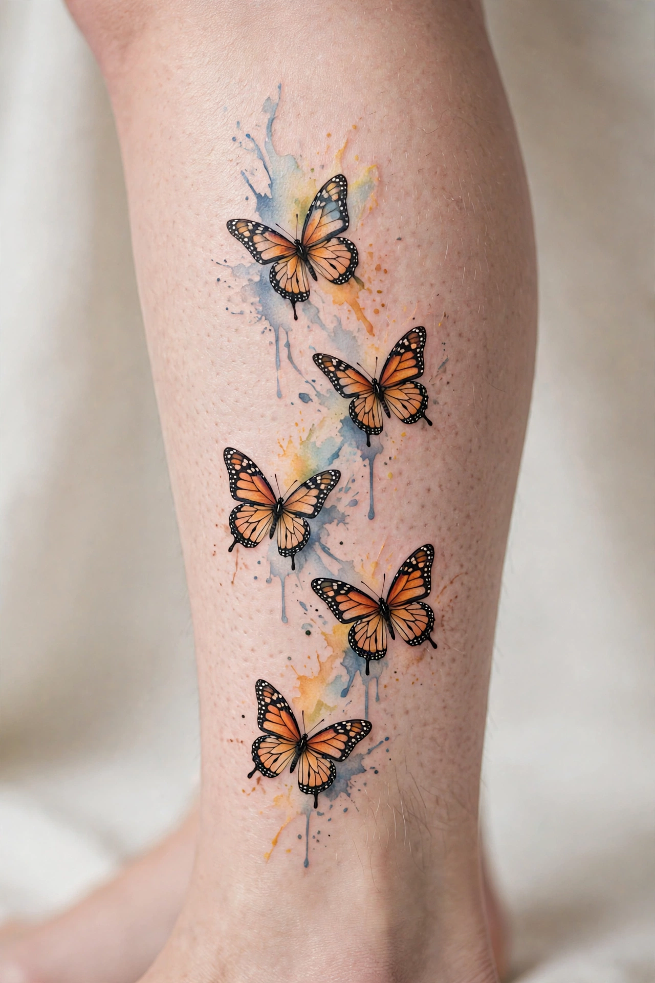Monarch butterflies migrating up a calf tattoo