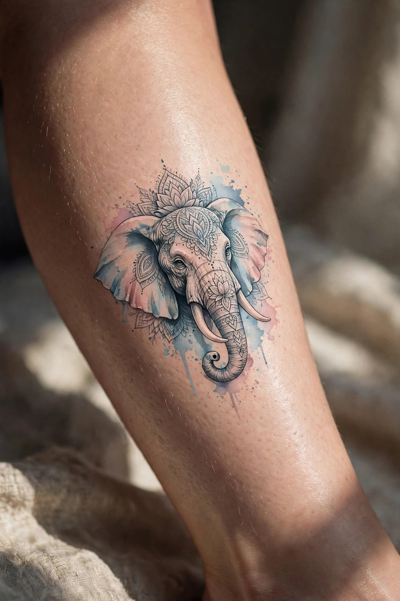 Ornamental elephant head tattoo on a calf