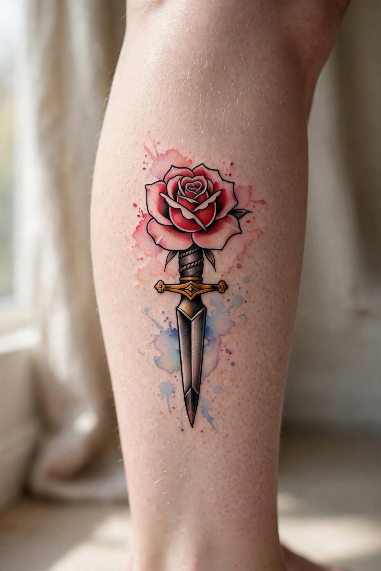 American traditional rose and dagger calf tattoo