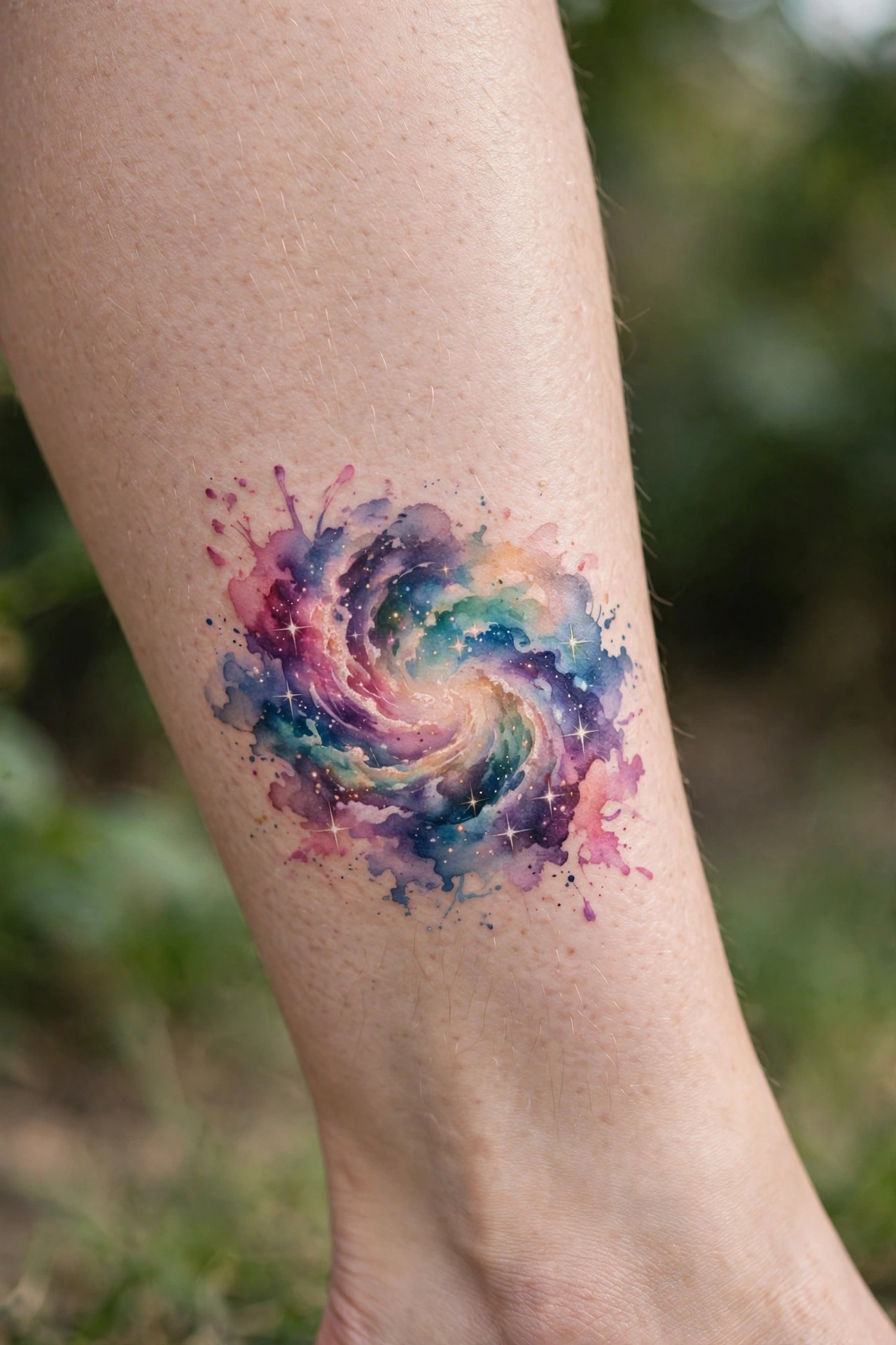 Colorful galaxy nebula tattoo on a calf