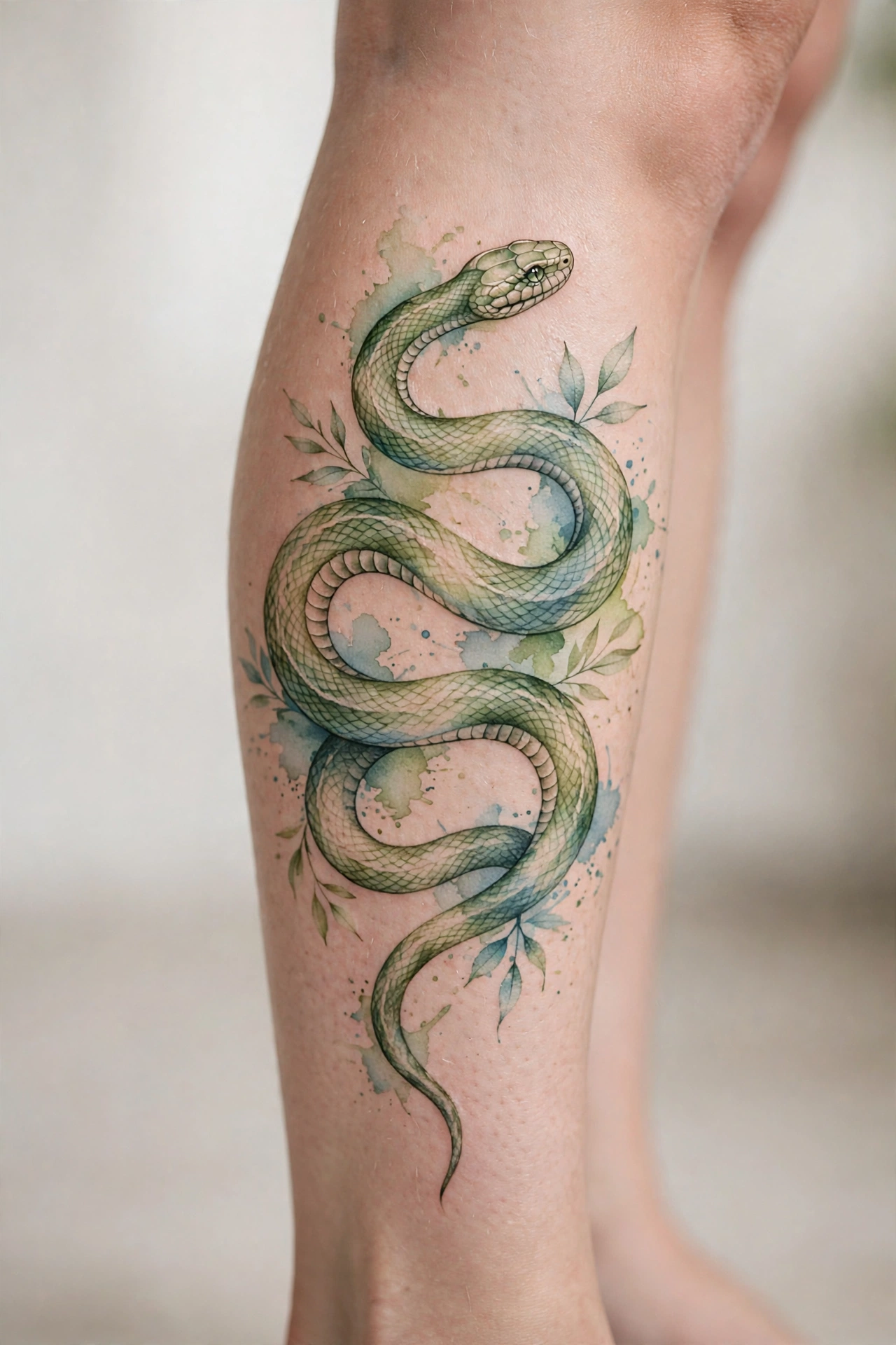 Snake wrapping around a calf tattoo